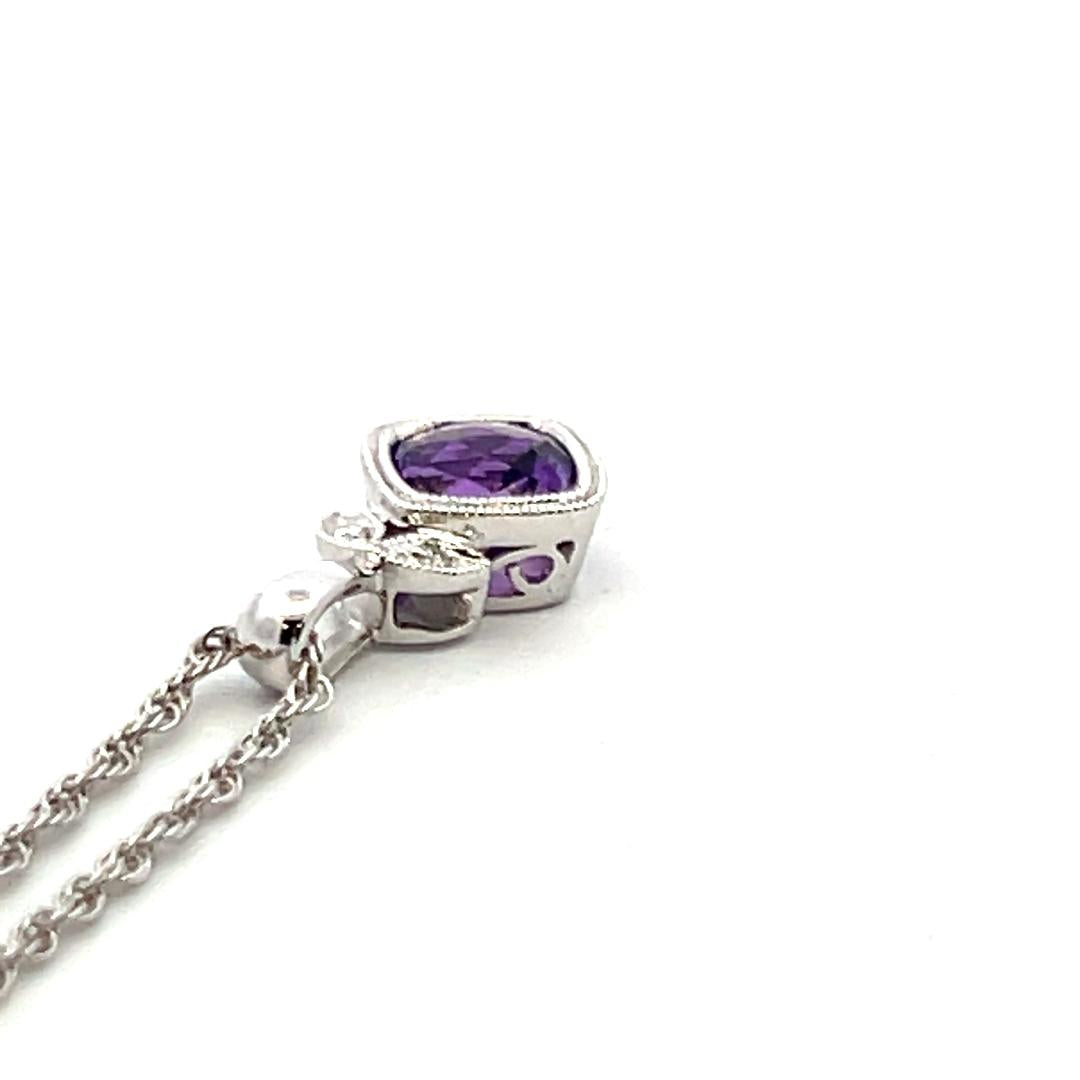 14K White Gold Pendant Necklace with 0.01ct Round Diamonds and 0.8ct Amethyst