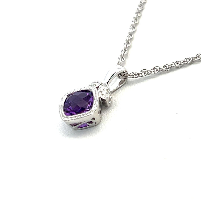 0.80 Carat Amethysts 0.01 Carat Round Brilliant Diamond 14K WG Pendant Necklace