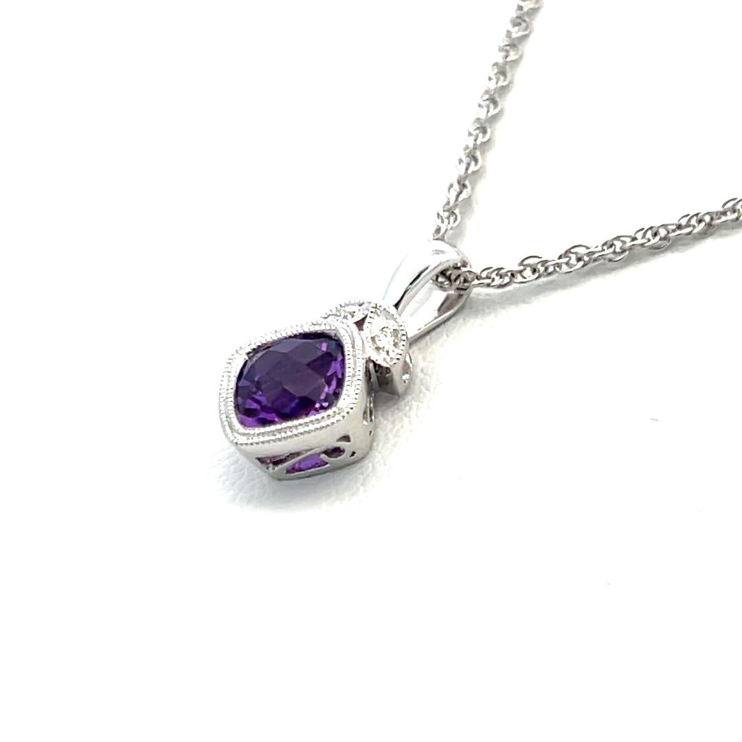 14K White Gold Pendant Necklace with 0.01ct Round Diamonds and 0.8ct Amethyst