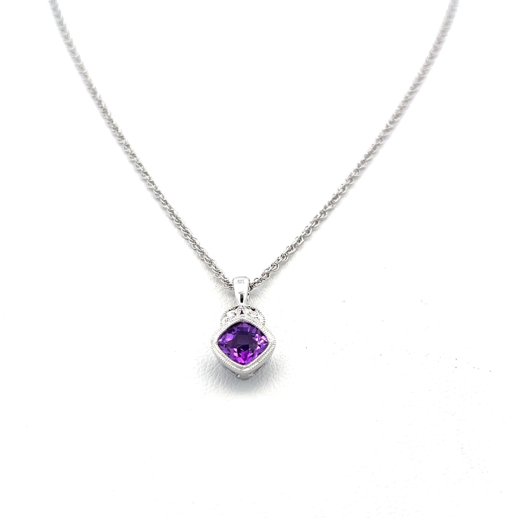 14K White Gold Pendant Necklace with 0.01ct Round Diamonds and 0.8ct Amethyst