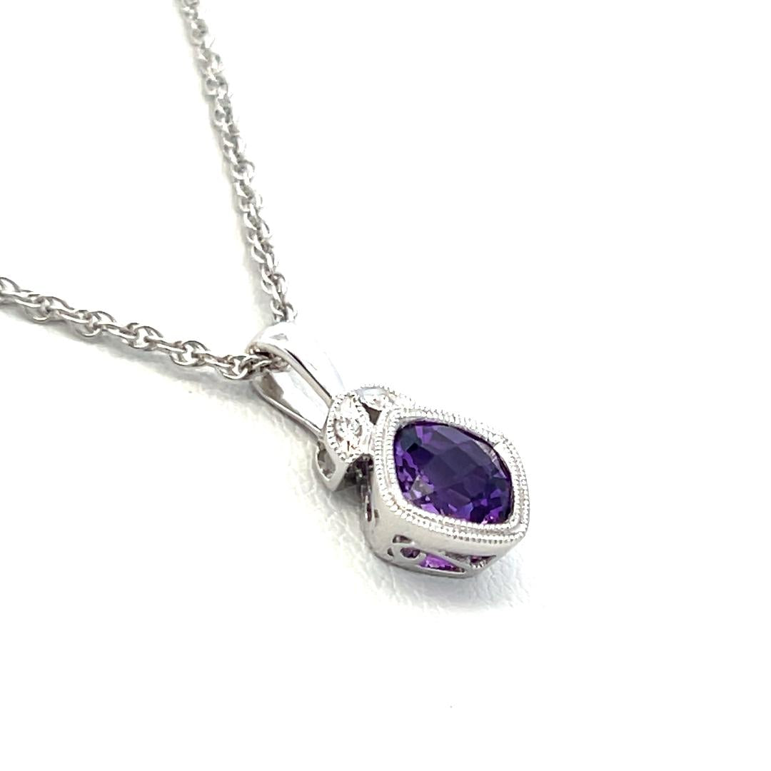 14K White Gold Pendant Necklace with 0.01ct Round Diamonds and 0.8ct Amethyst