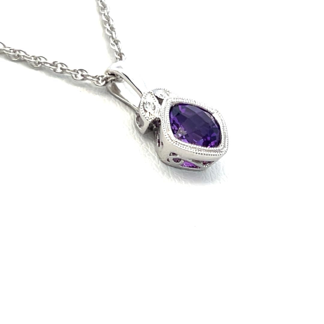 14K White Gold Pendant Necklace with 0.01ct Round Diamonds and 0.8ct Amethyst