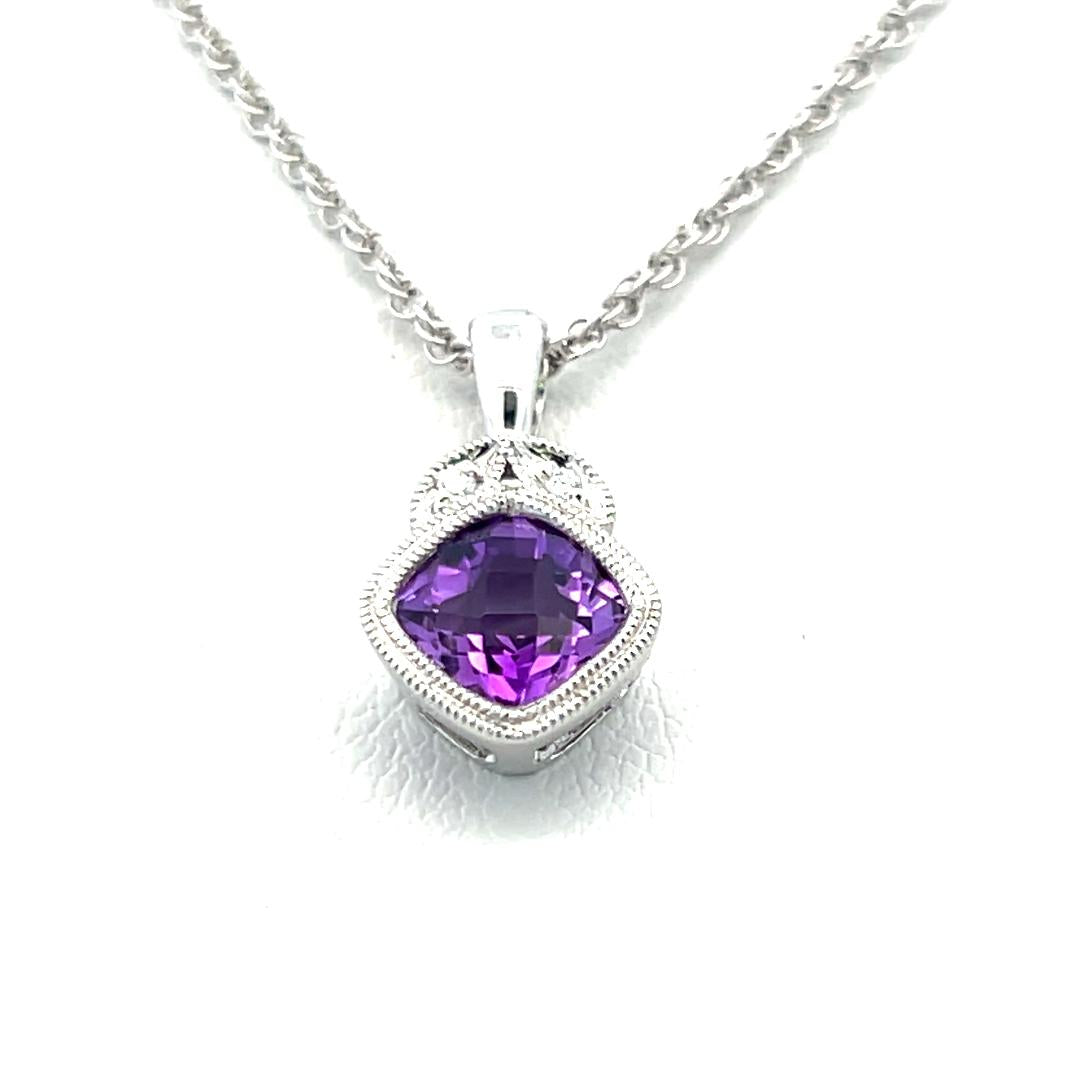 14K White Gold Pendant Necklace with 0.01ct Round Diamonds and 0.8ct Amethyst