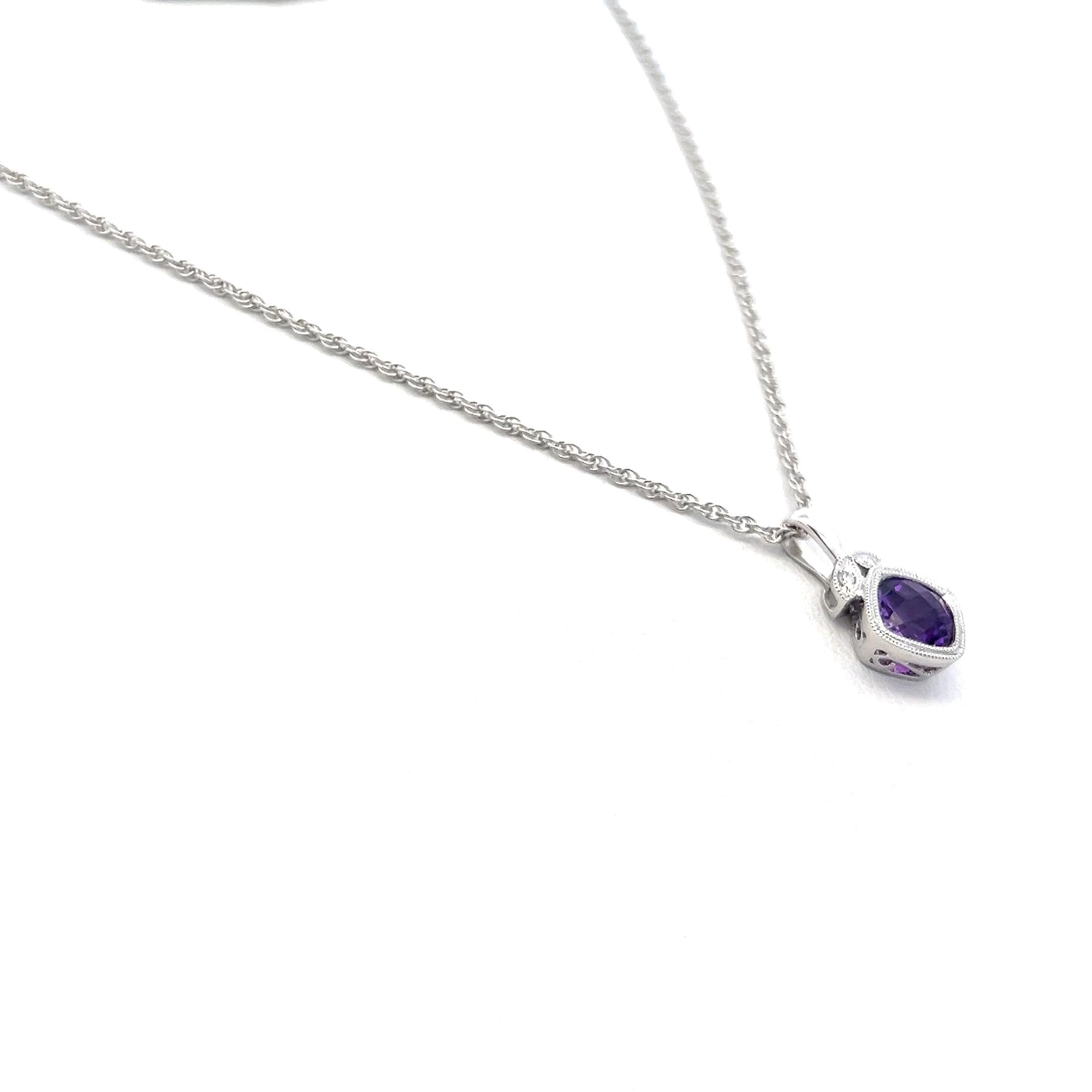 14K White Gold Pendant Necklace with 0.01ct Round Diamonds and 0.8ct Amethyst