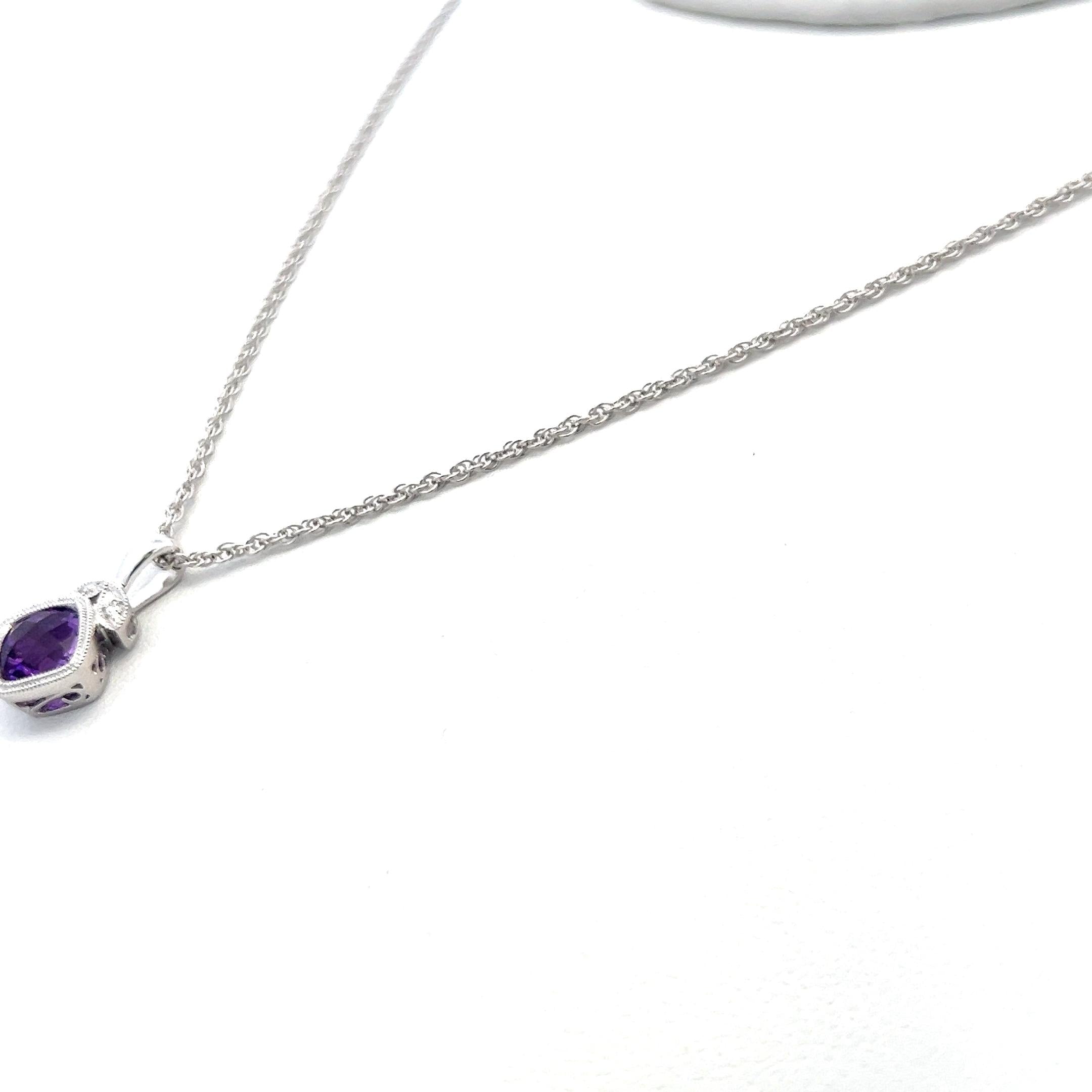 14K White Gold Pendant Necklace with 0.01ct Round Diamonds and 0.8ct Amethyst