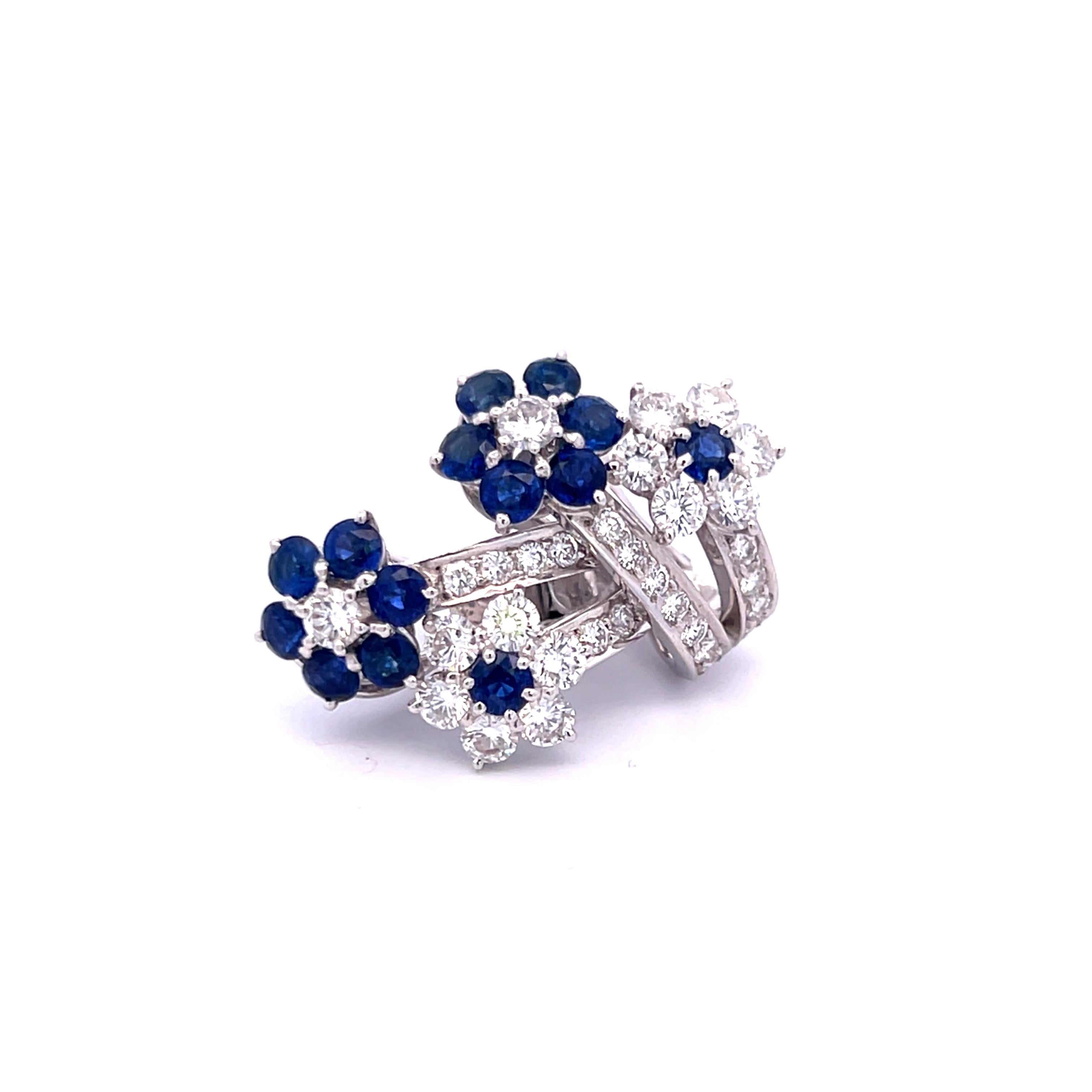 3.18 Carat Round Diamond 2.50 Carat Sapphire 18K White Gold Clip On Earrings