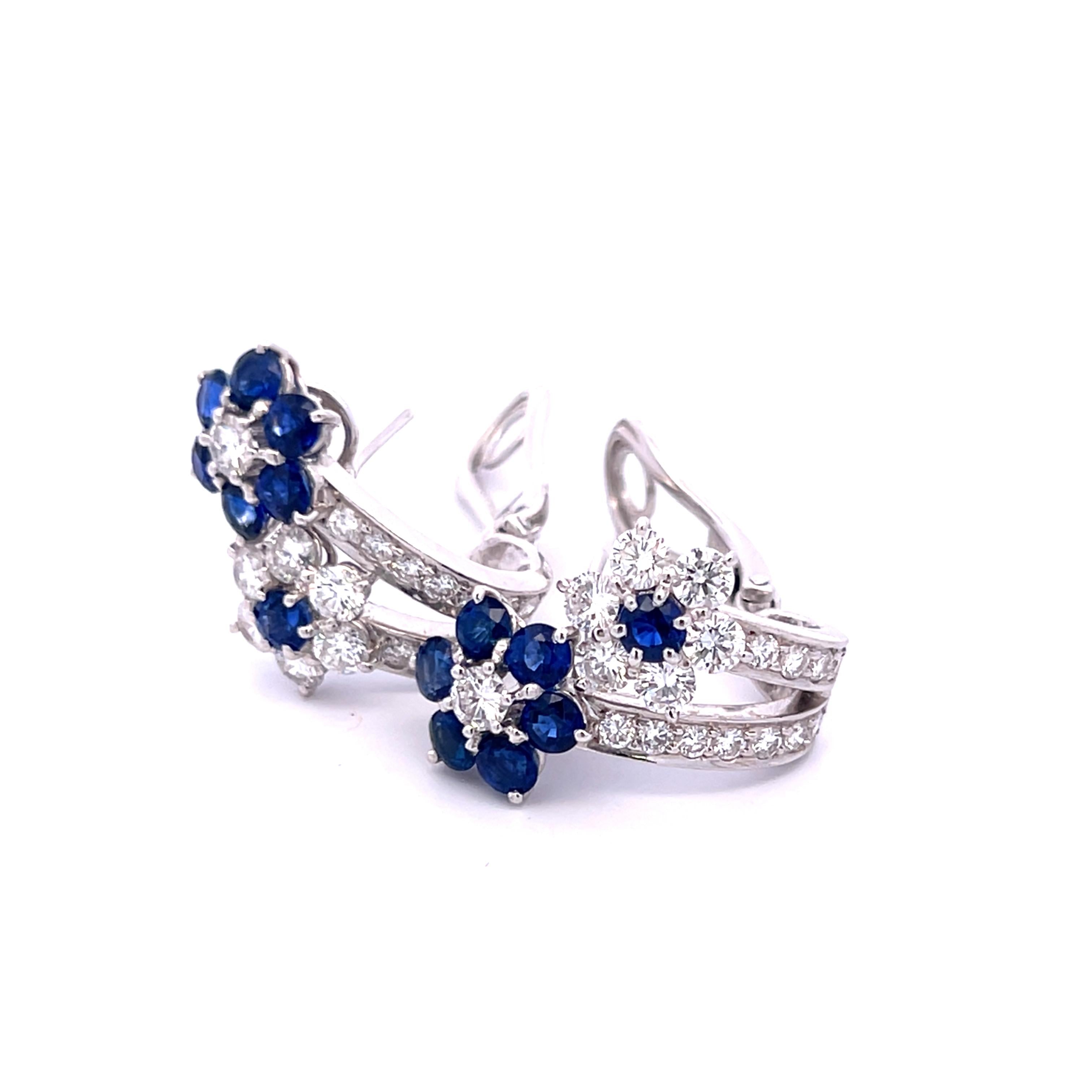 3.18 Carat Round Diamond 2.50 Carat Sapphire 18K White Gold Clip On Earrings