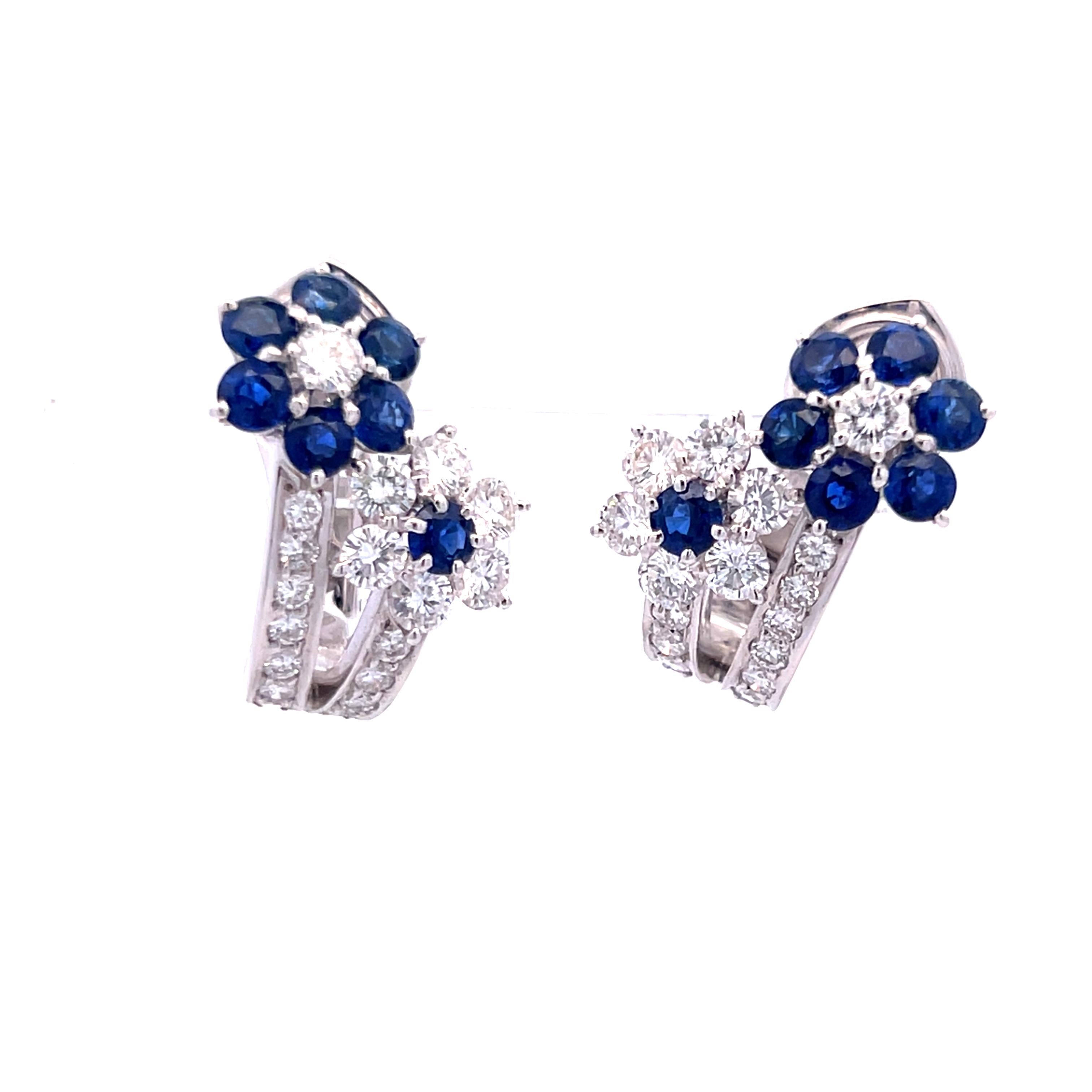 3.18 Carat Round Diamond 2.50 Carat Sapphire 18K White Gold Clip On Earrings