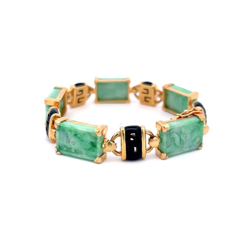 Vintage 58.30 Grams Jade and Onyx 18 Karat Yellow Gold Link Bracelet