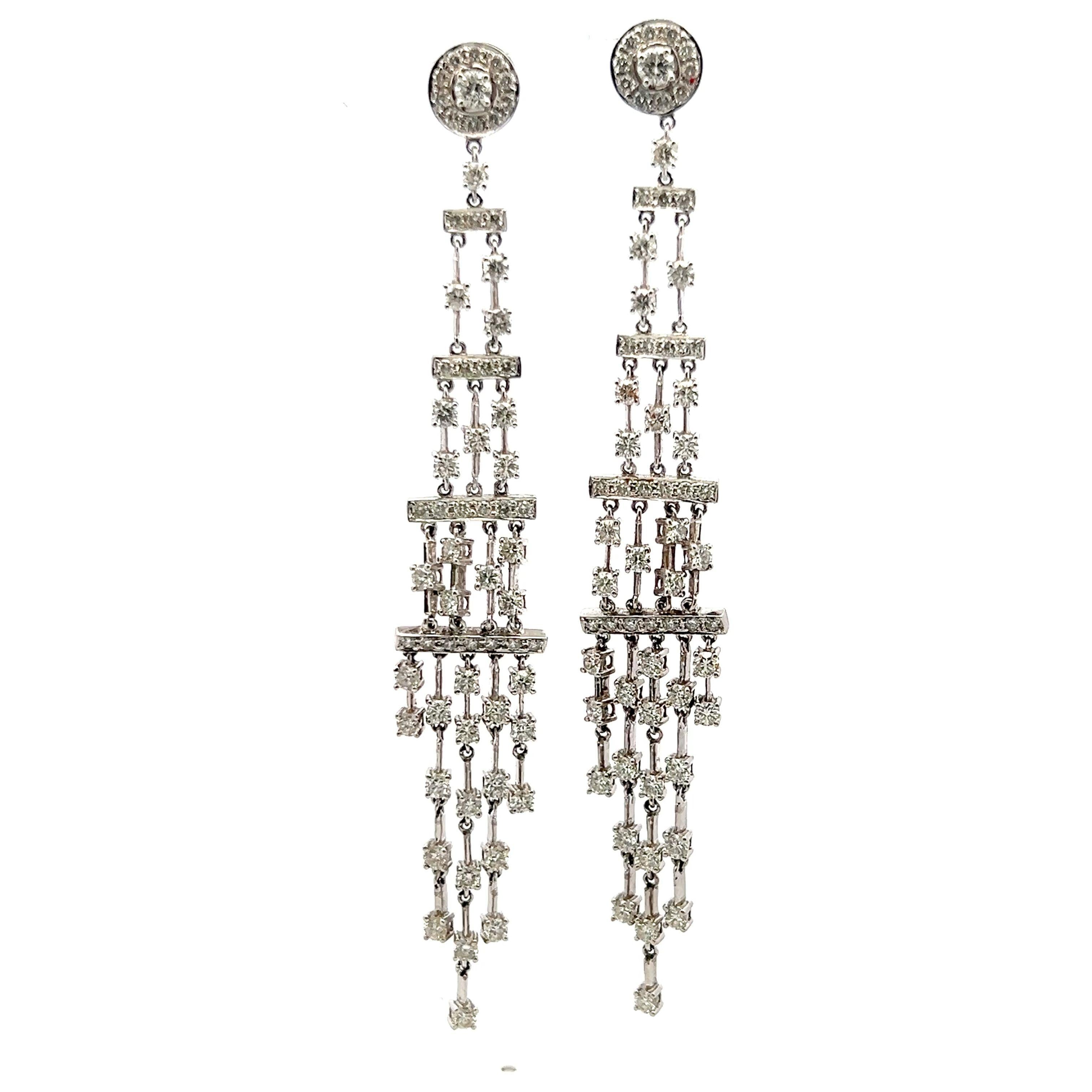 Vintage 18K White Gold Dangling Earrings with 6 Carat Round G VS1 Diamonds