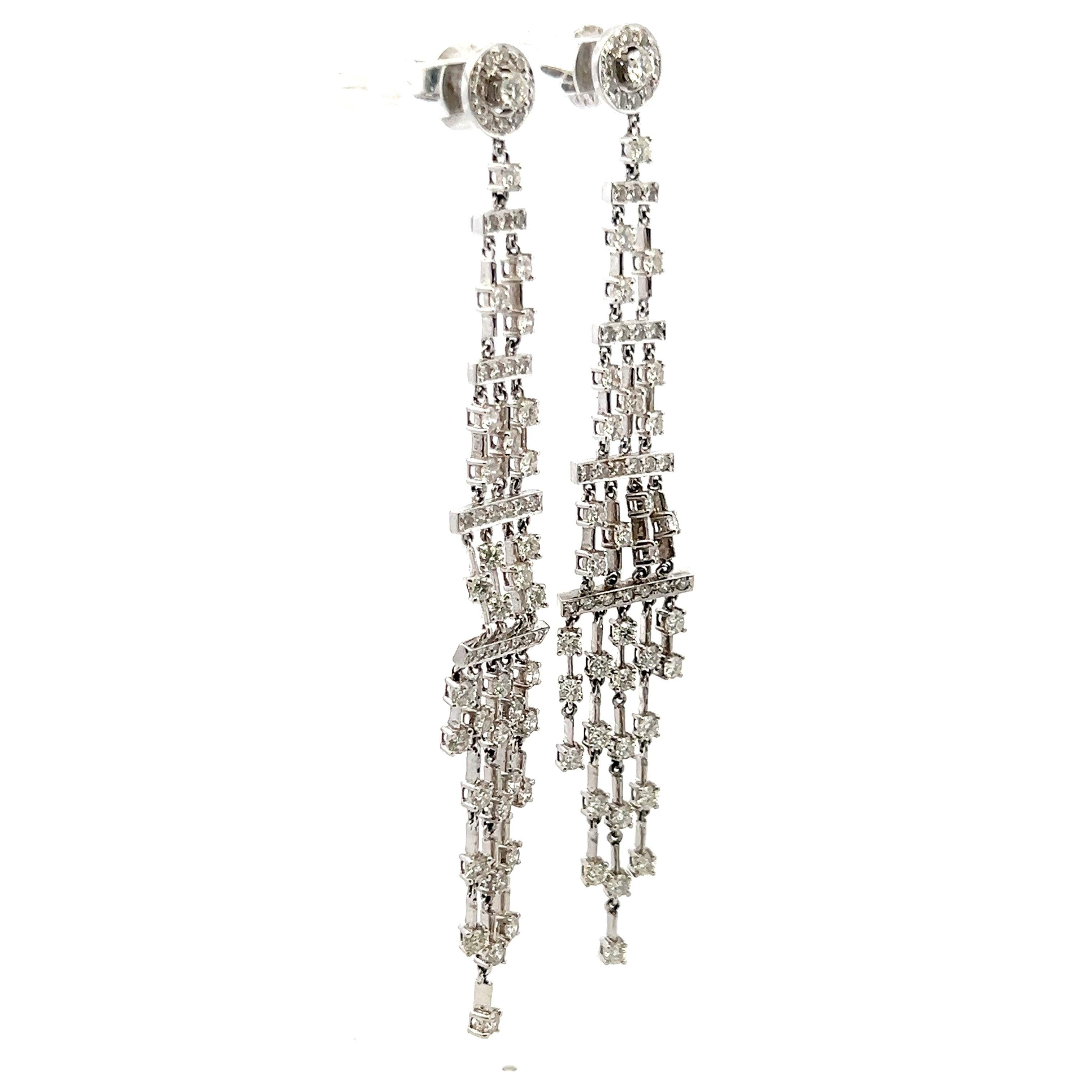 Vintage 18K White Gold Dangling Earrings with 6 Carat Round G VS1 Diamonds
