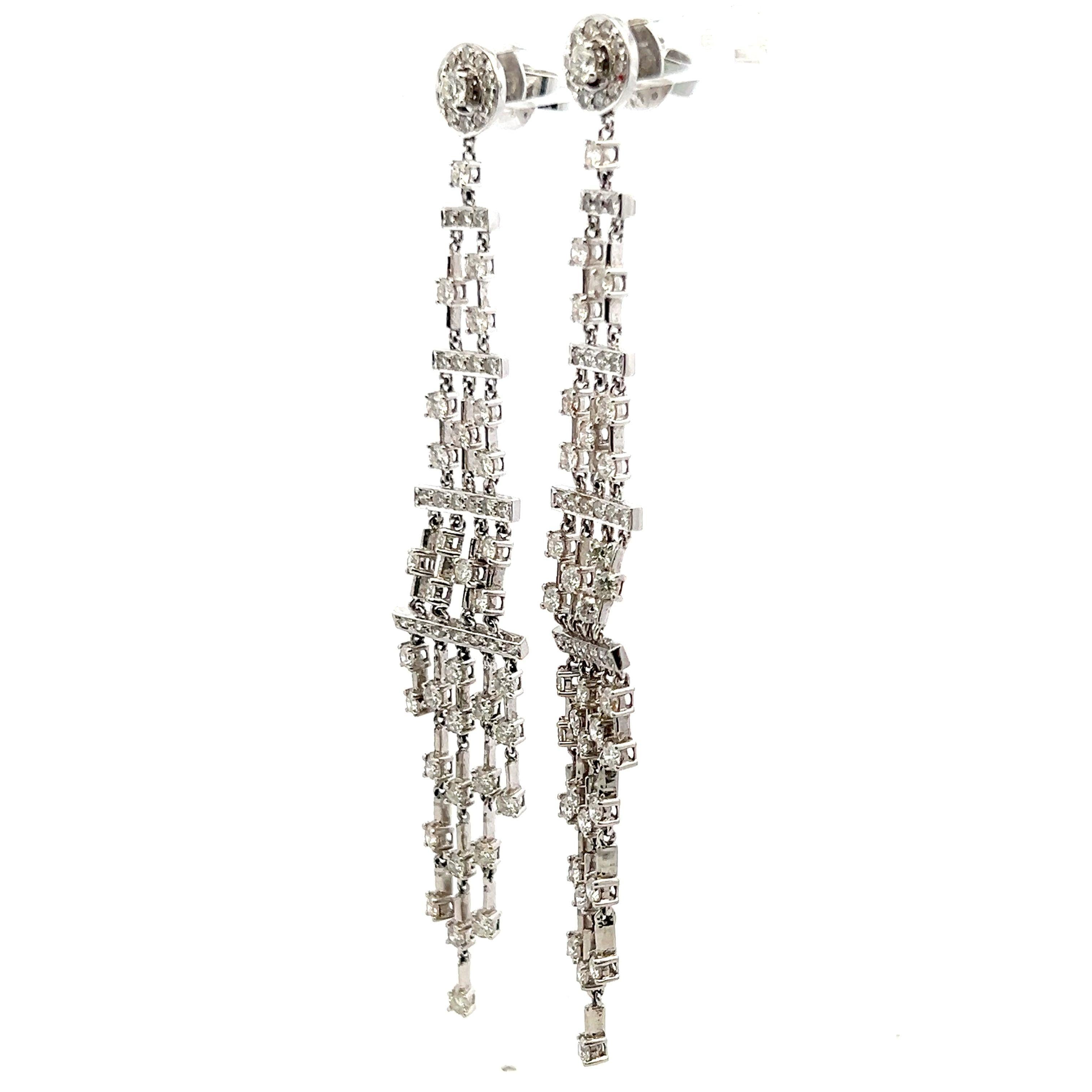 Vintage 18K White Gold Dangling Earrings with 6 Carat Round G VS1 Diamonds