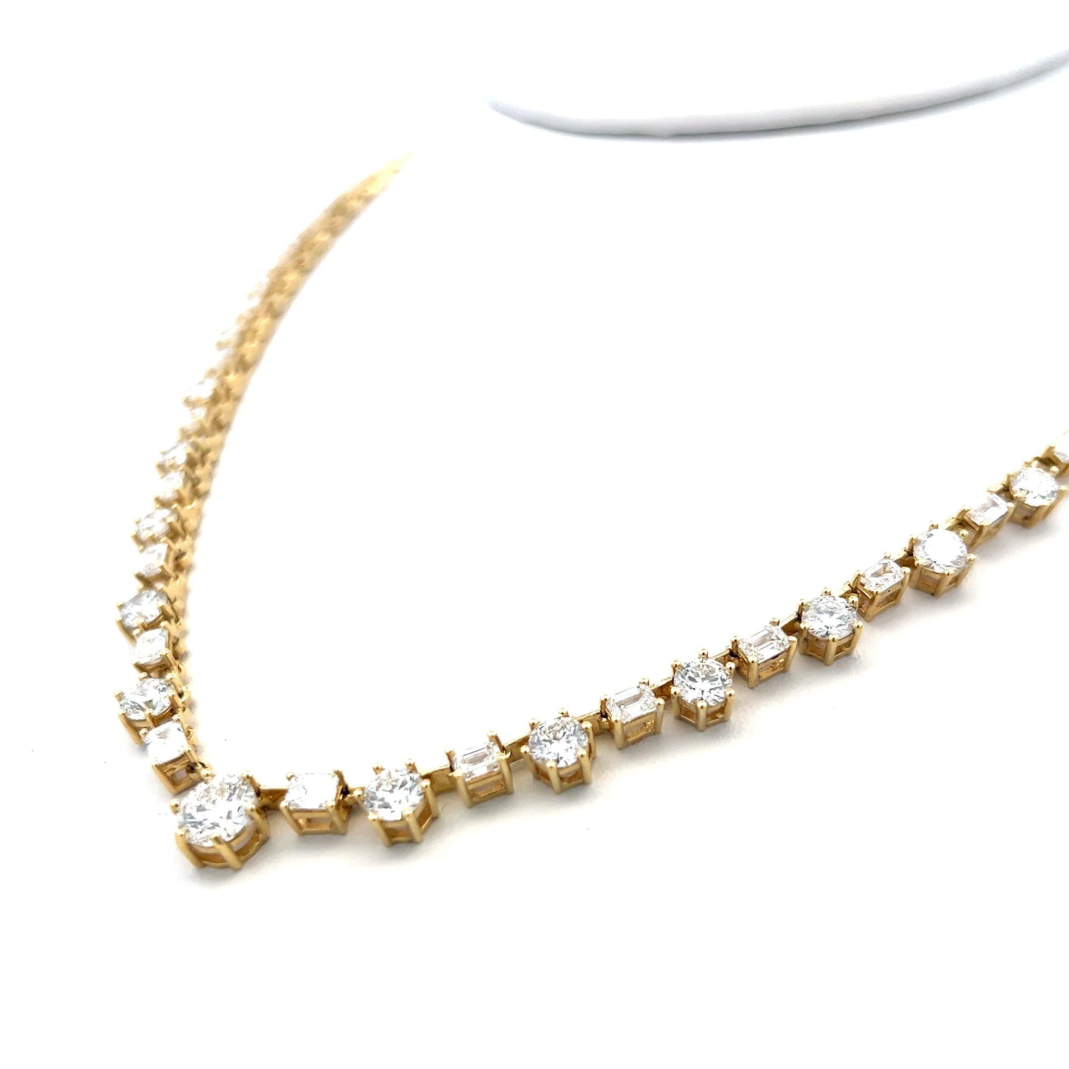 Vintage 18K Yellow Gold Tennis Necklace with 15.92 Carat Mixed Shape Diamonds