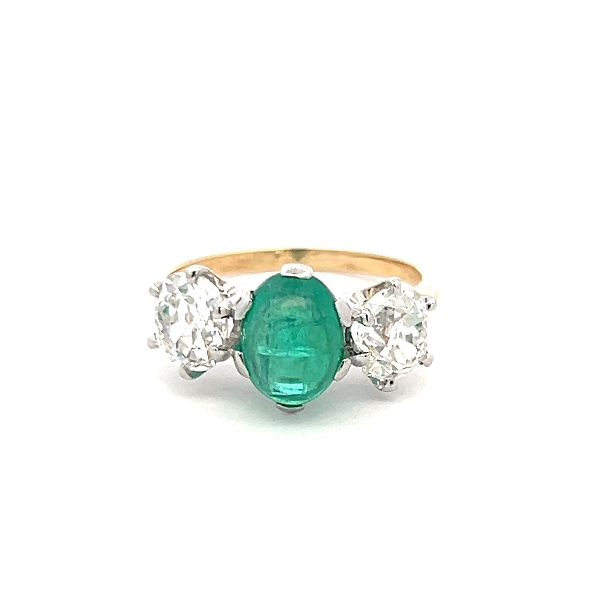 2.26ct Old Miner Cut Diamond & 2.16ct Emerald Three-Stone 18K Gold Ring