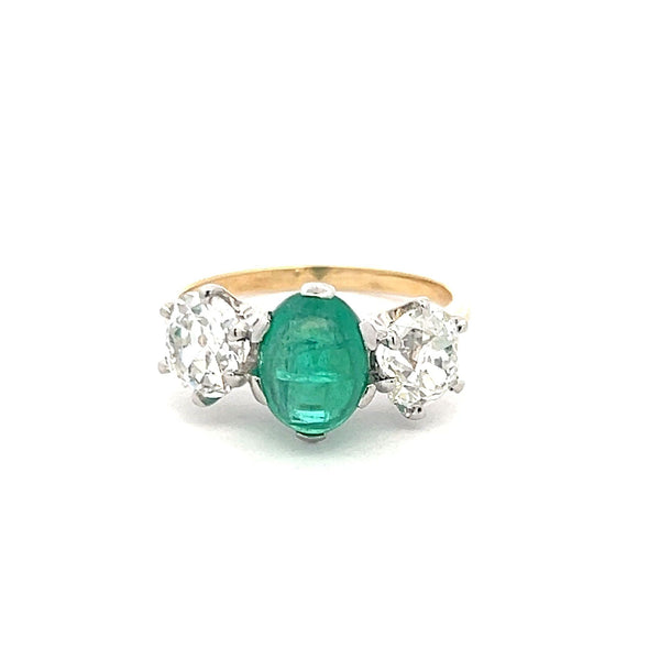 2.26ct Old Miner Cut Diamond & 2.16ct Emerald Three-Stone 18K Gold Ring