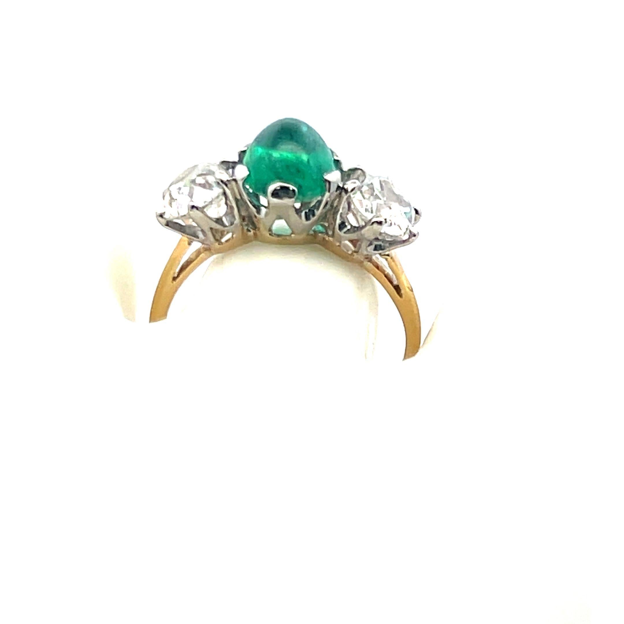 2.26ct Old Miner Cut Diamond & 2.16ct Emerald Three-Stone 18K Gold Ring