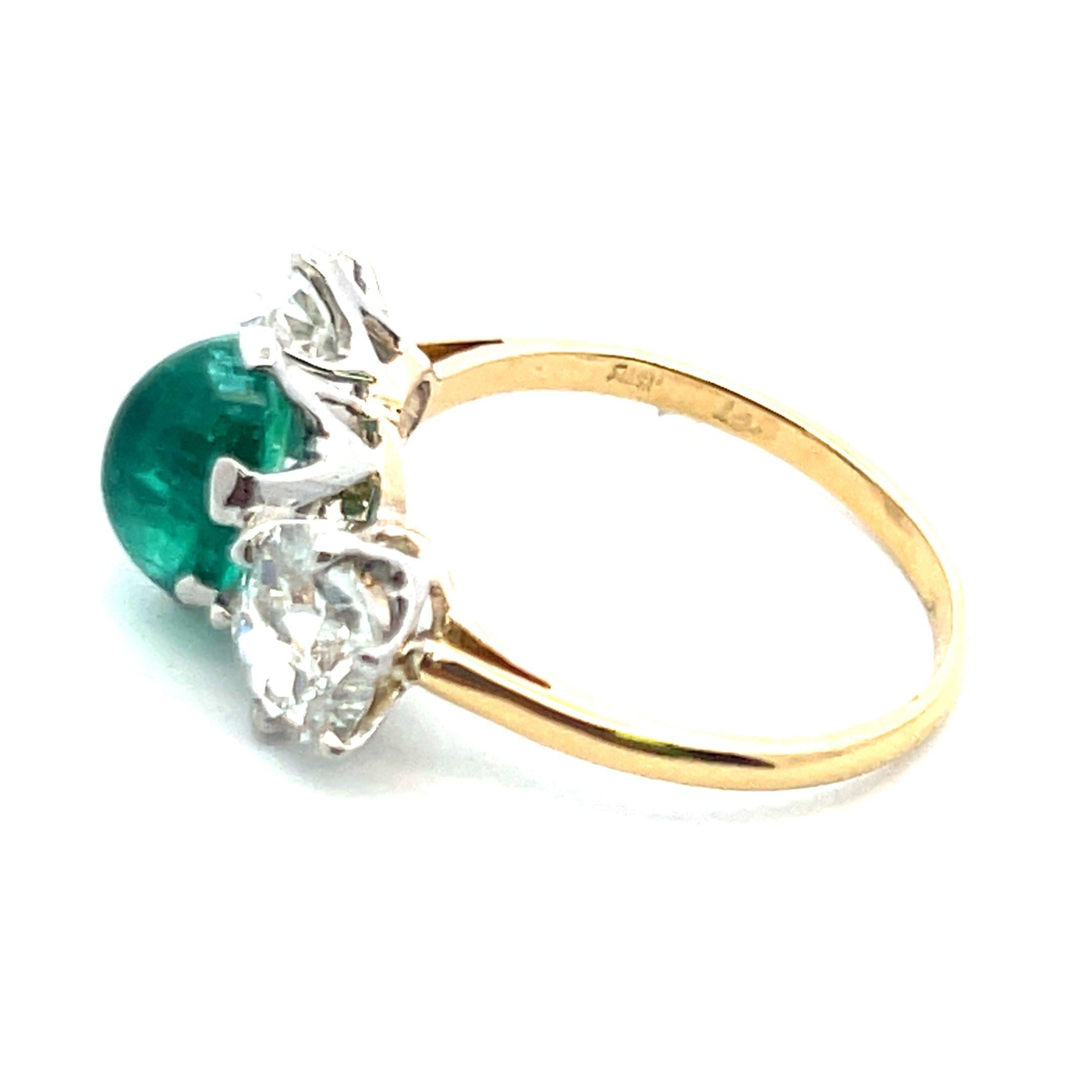 2.26ct Old Miner Cut Diamond & 2.16ct Emerald Three-Stone 18K Gold Ring