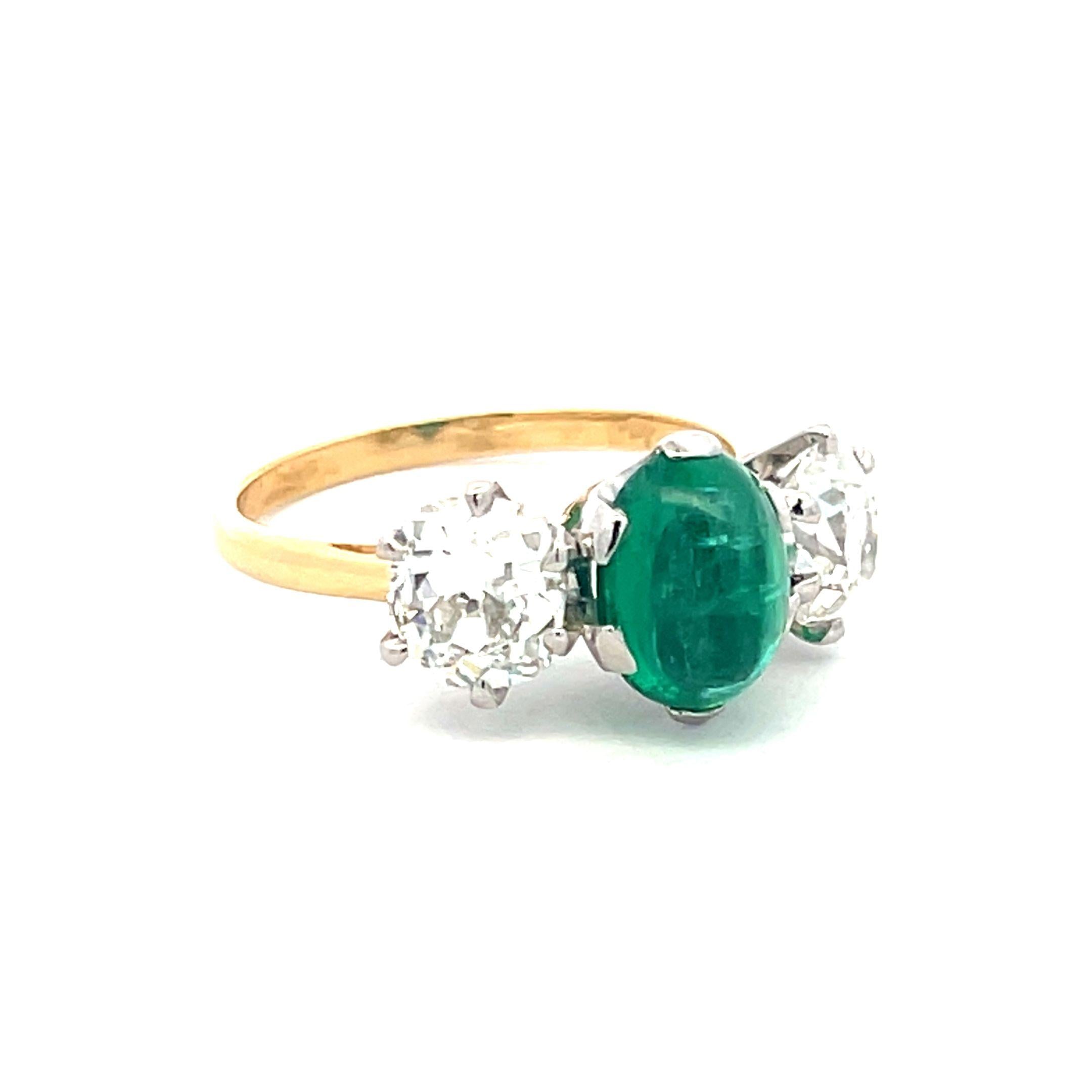 2.26ct Old Miner Cut Diamond & 2.16ct Emerald Three-Stone 18K Gold Ring