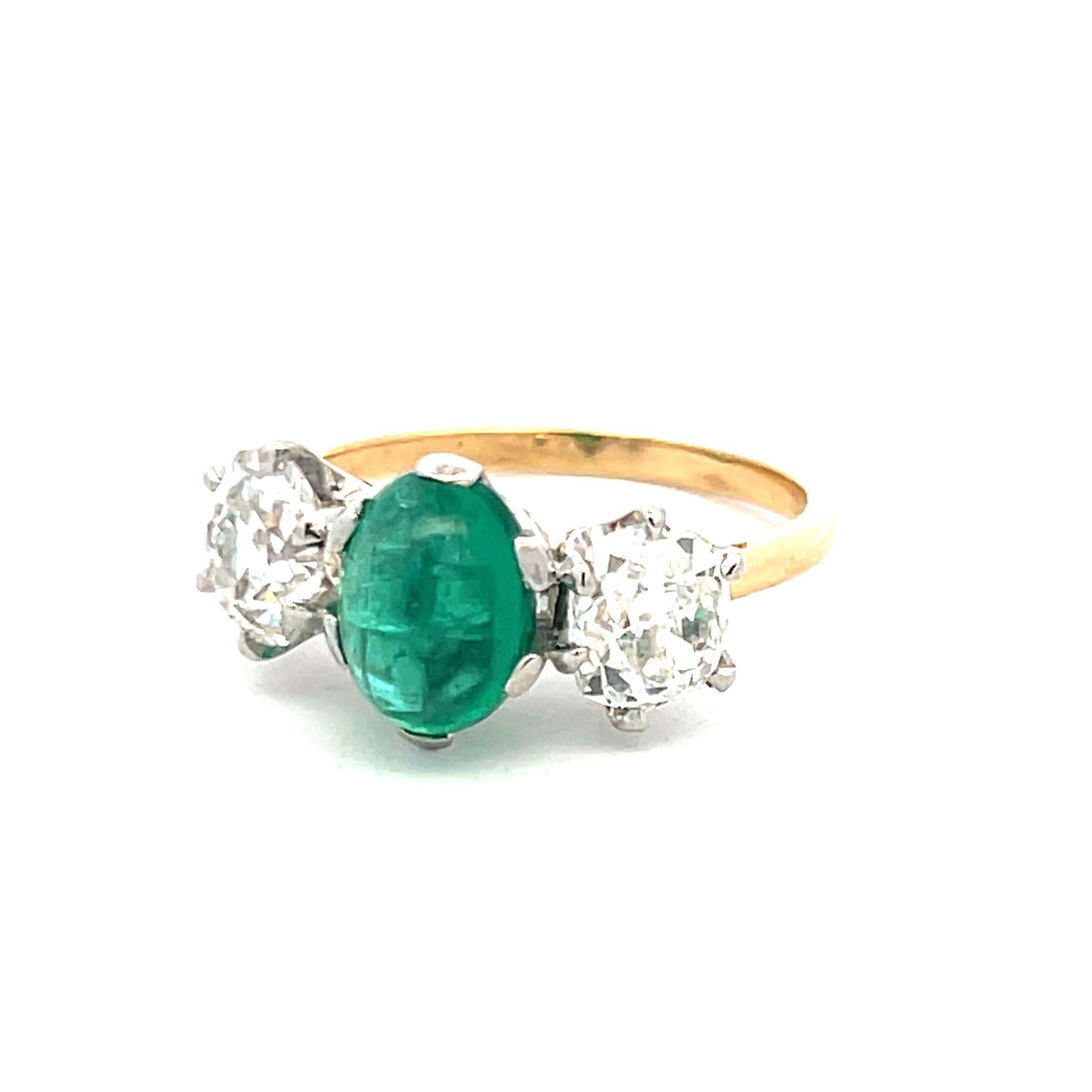 2.26ct Old Miner Cut Diamond & 2.16ct Emerald Three-Stone 18K Gold Ring