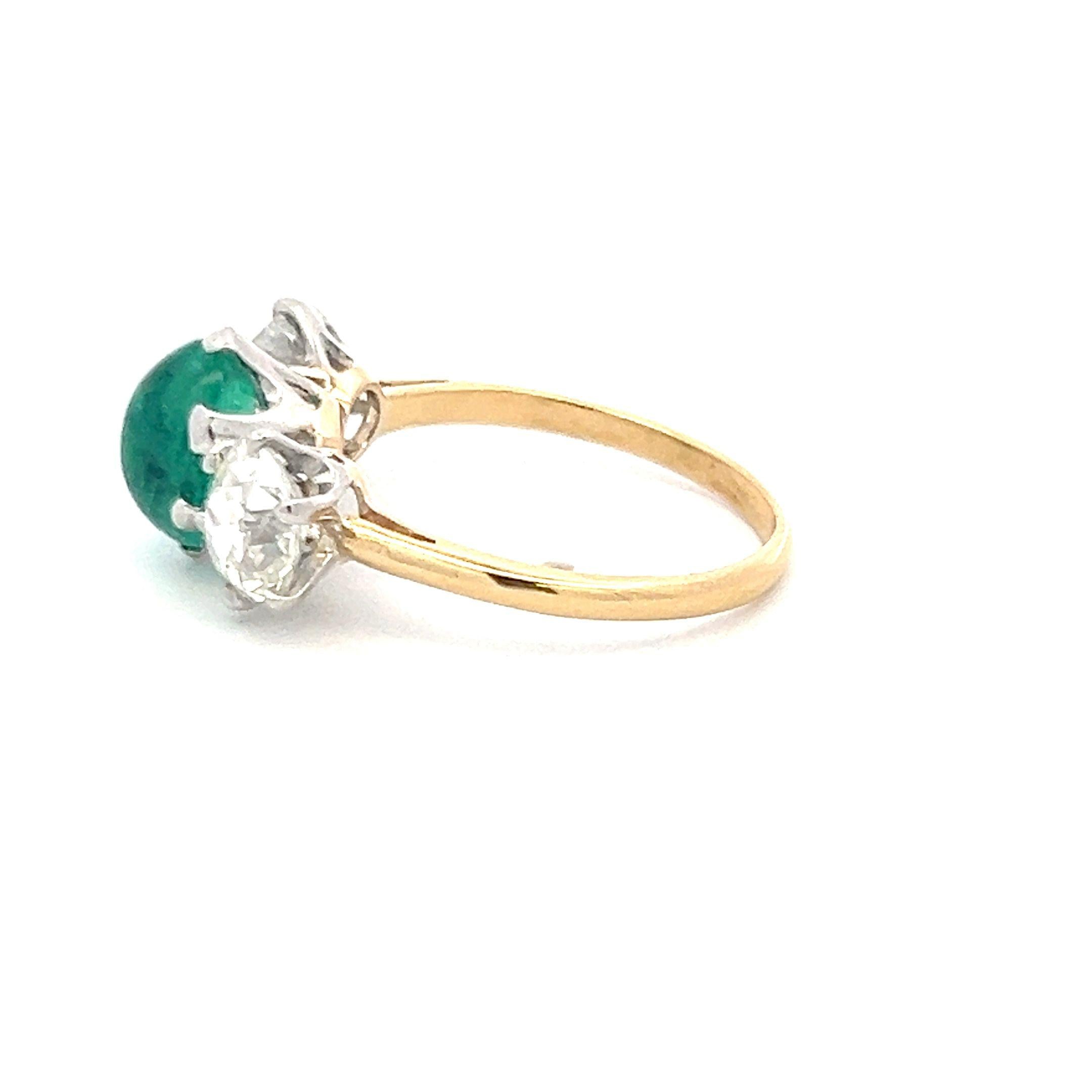 2.26ct Old Miner Cut Diamond & 2.16ct Emerald Three-Stone 18K Gold Ring