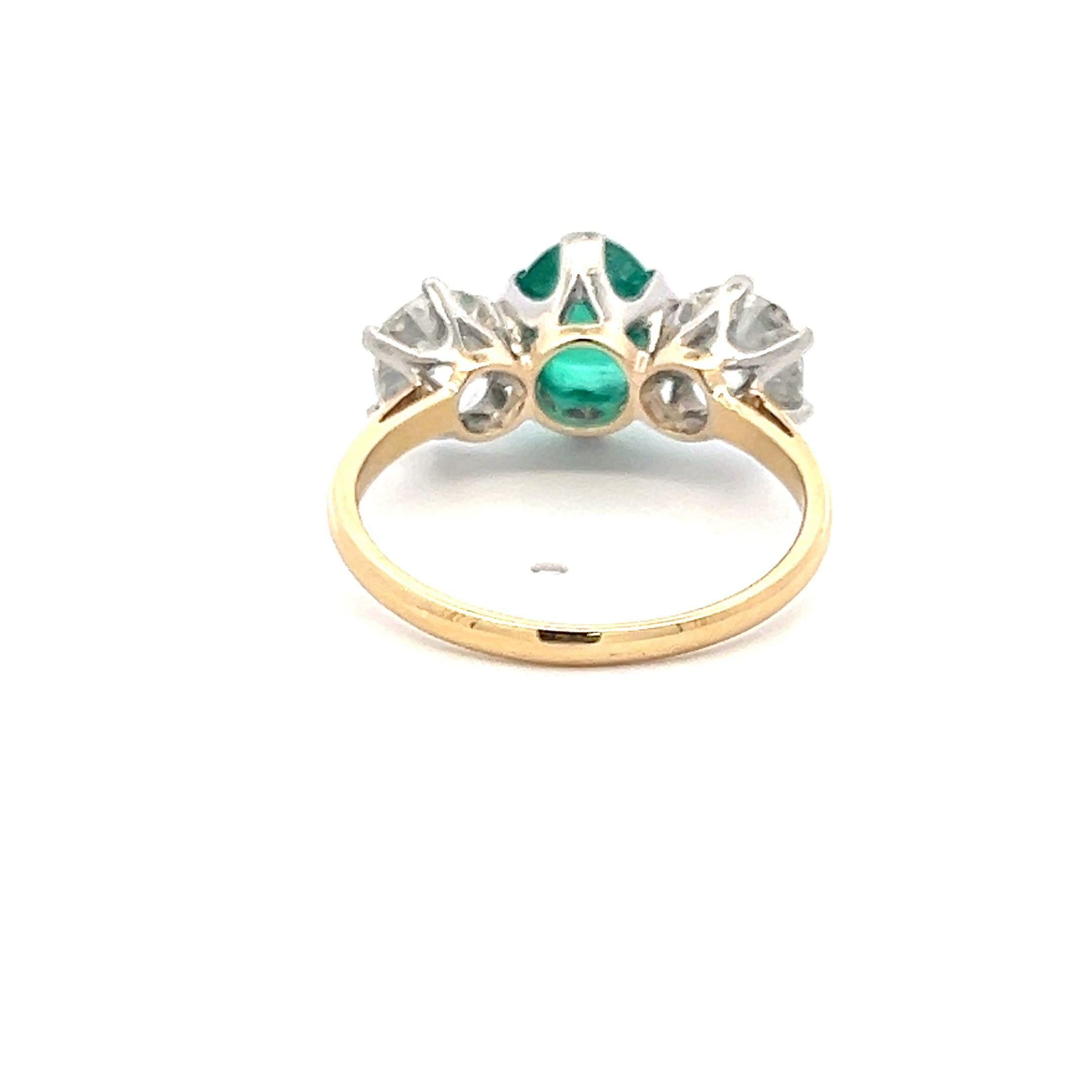 2.26ct Old Miner Cut Diamond & 2.16ct Emerald Three-Stone 18K Gold Ring