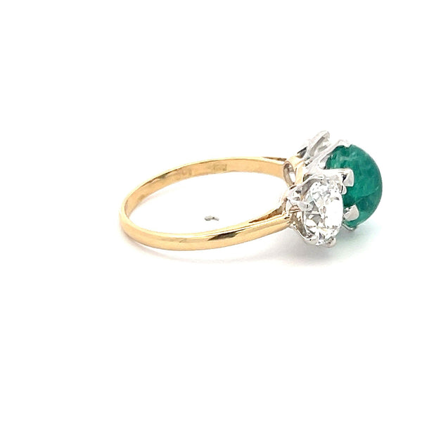 2.26ct Old Miner Cut Diamond & 2.16ct Emerald Three-Stone 18K Gold Ring