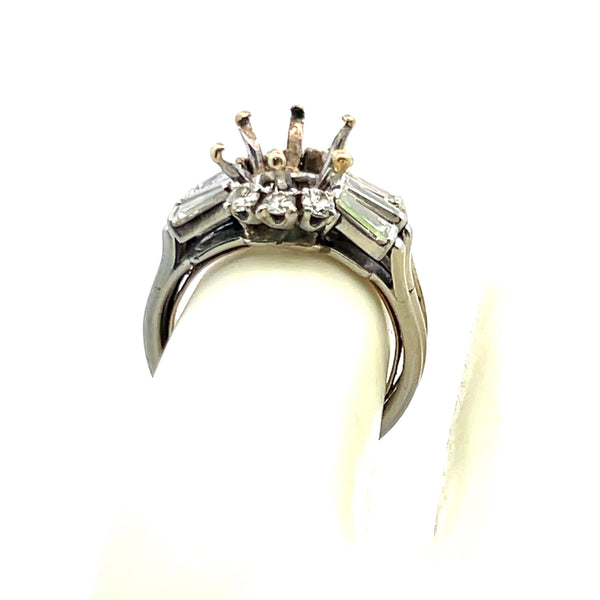 1.08 Carat Tapered Baguette and Round Diamond 14K WG Semi Mount Ring