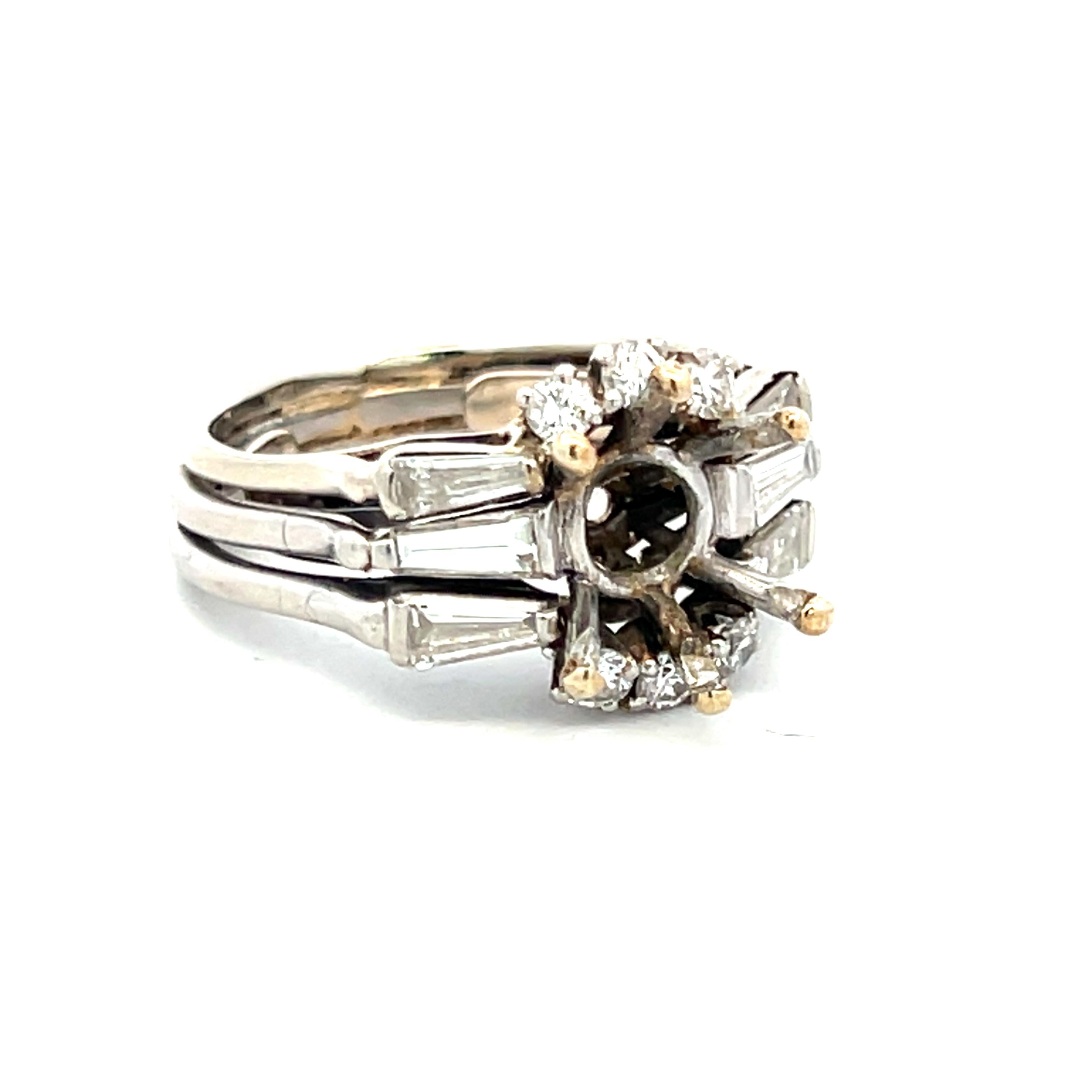 1.08 Carat Tapered Baguette and Round Diamond 14K WG Semi Mount Ring