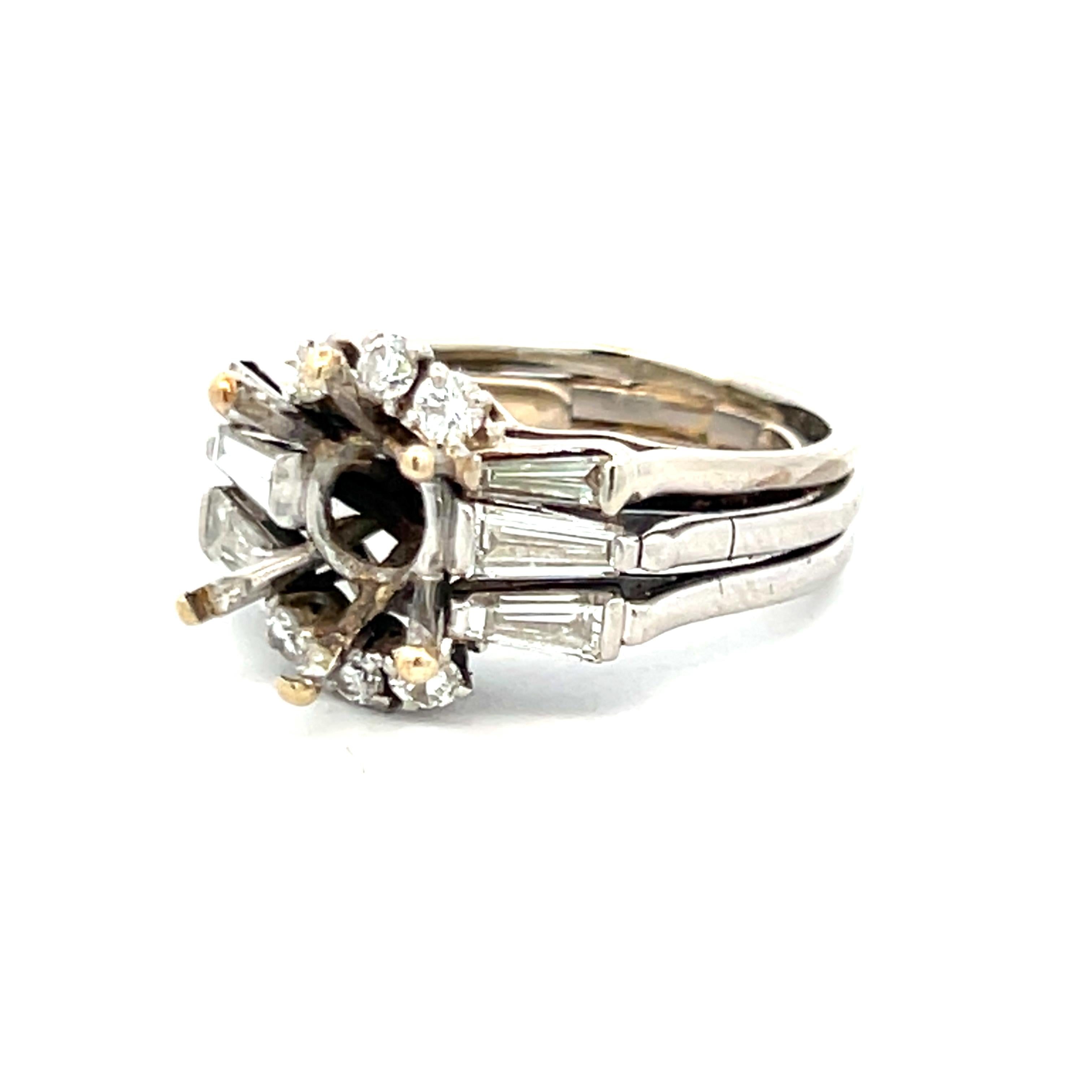 1.08 Carat Tapered Baguette and Round Diamond 14K WG Semi Mount Ring