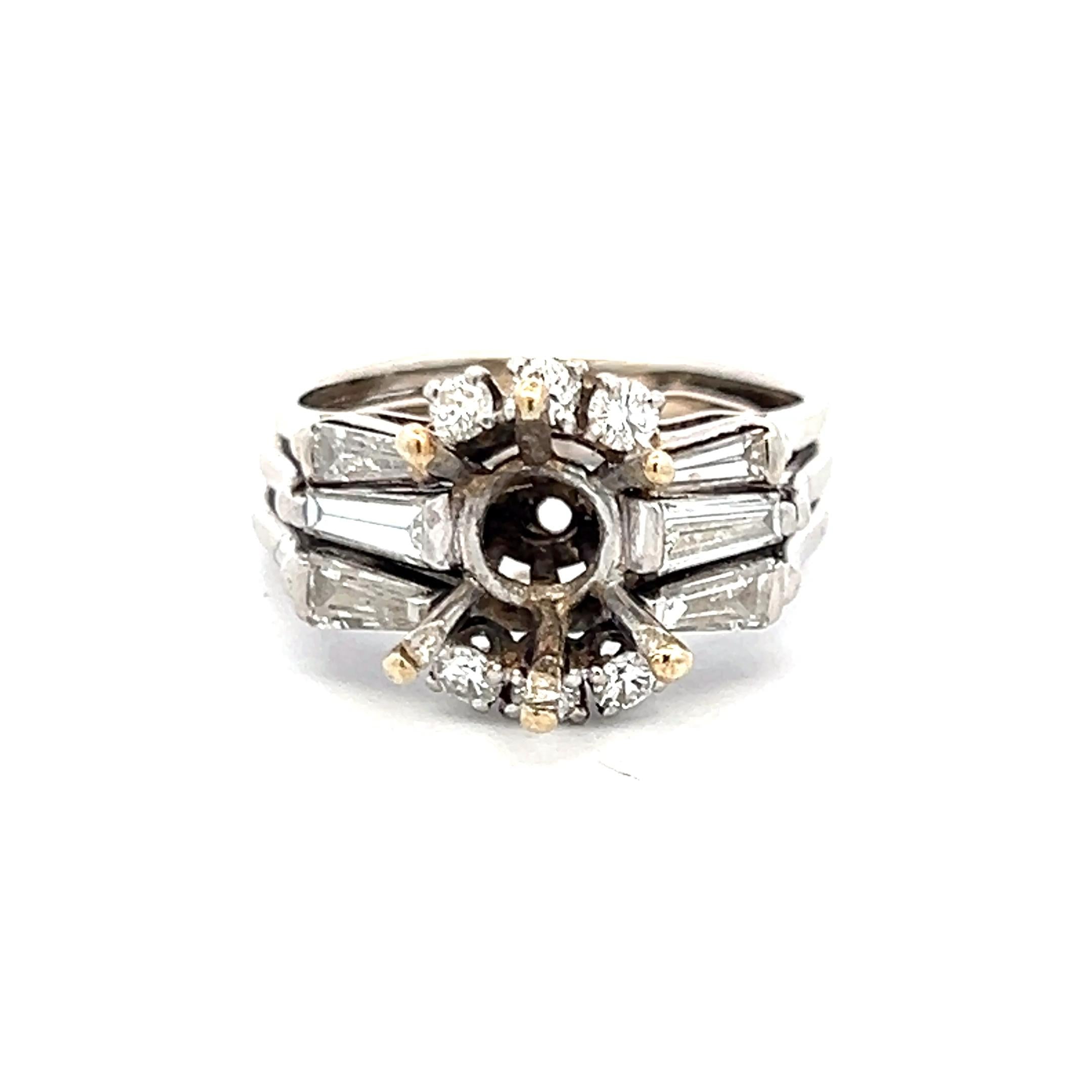 1.08 Carat Tapered Baguette and Round Diamond 14K WG Semi Mount Ring