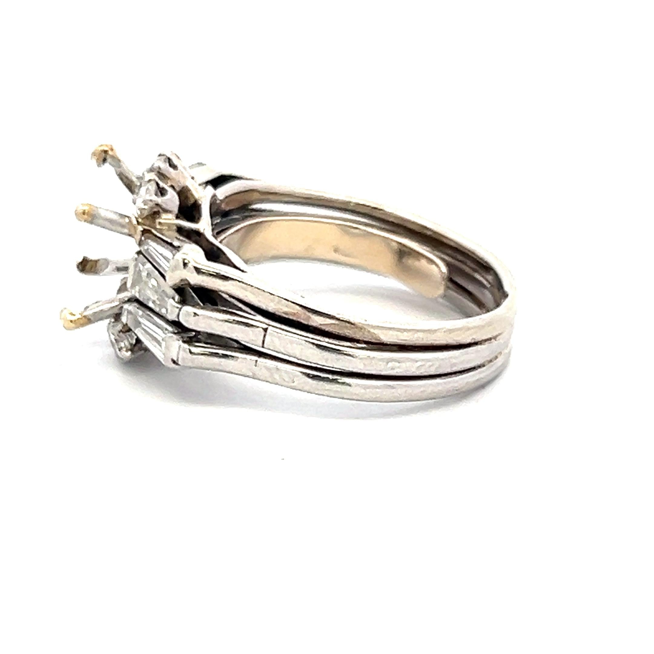 1.08 Carat Tapered Baguette and Round Diamond 14K WG Semi Mount Ring