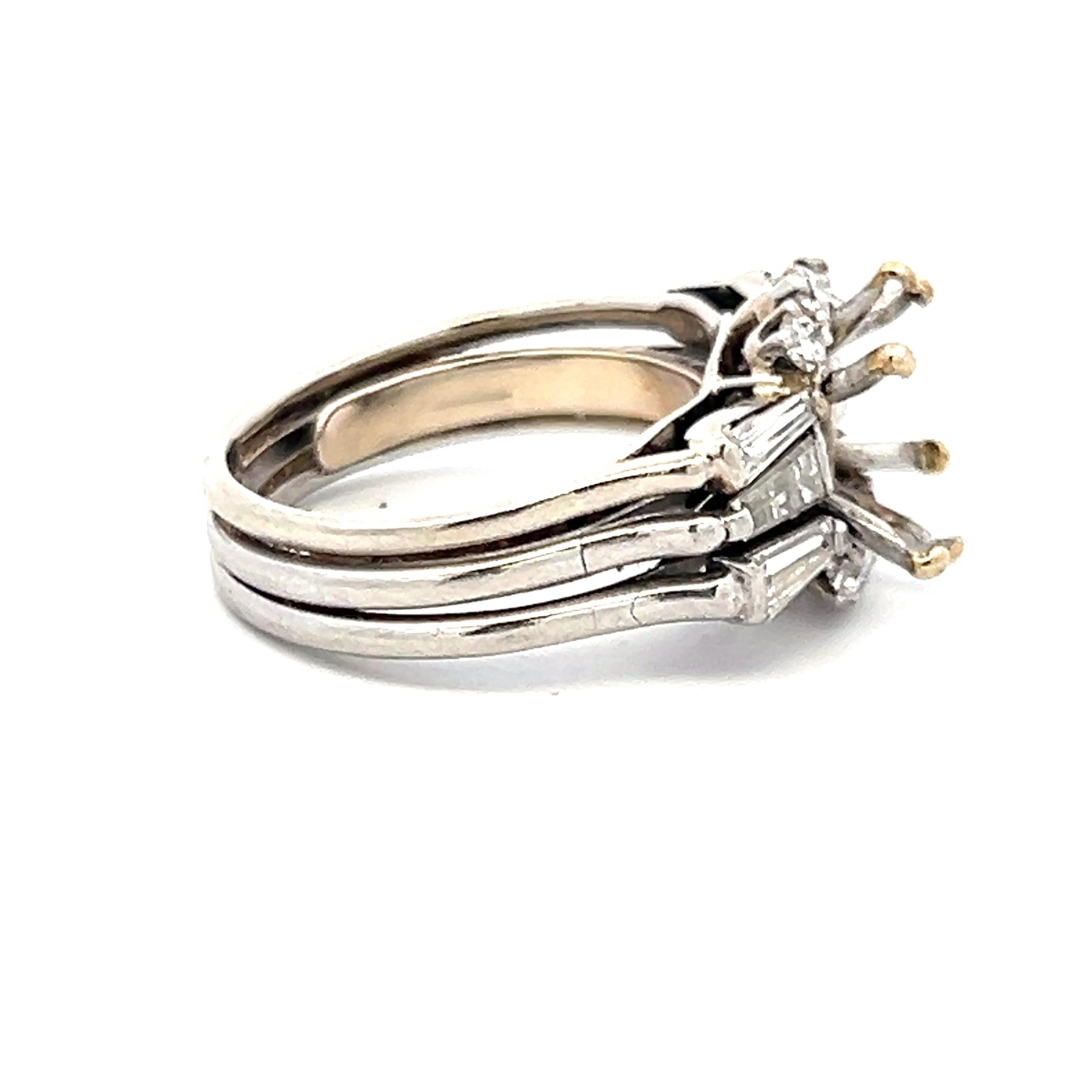 1.08 Carat Tapered Baguette and Round Diamond 14K WG Semi Mount Ring