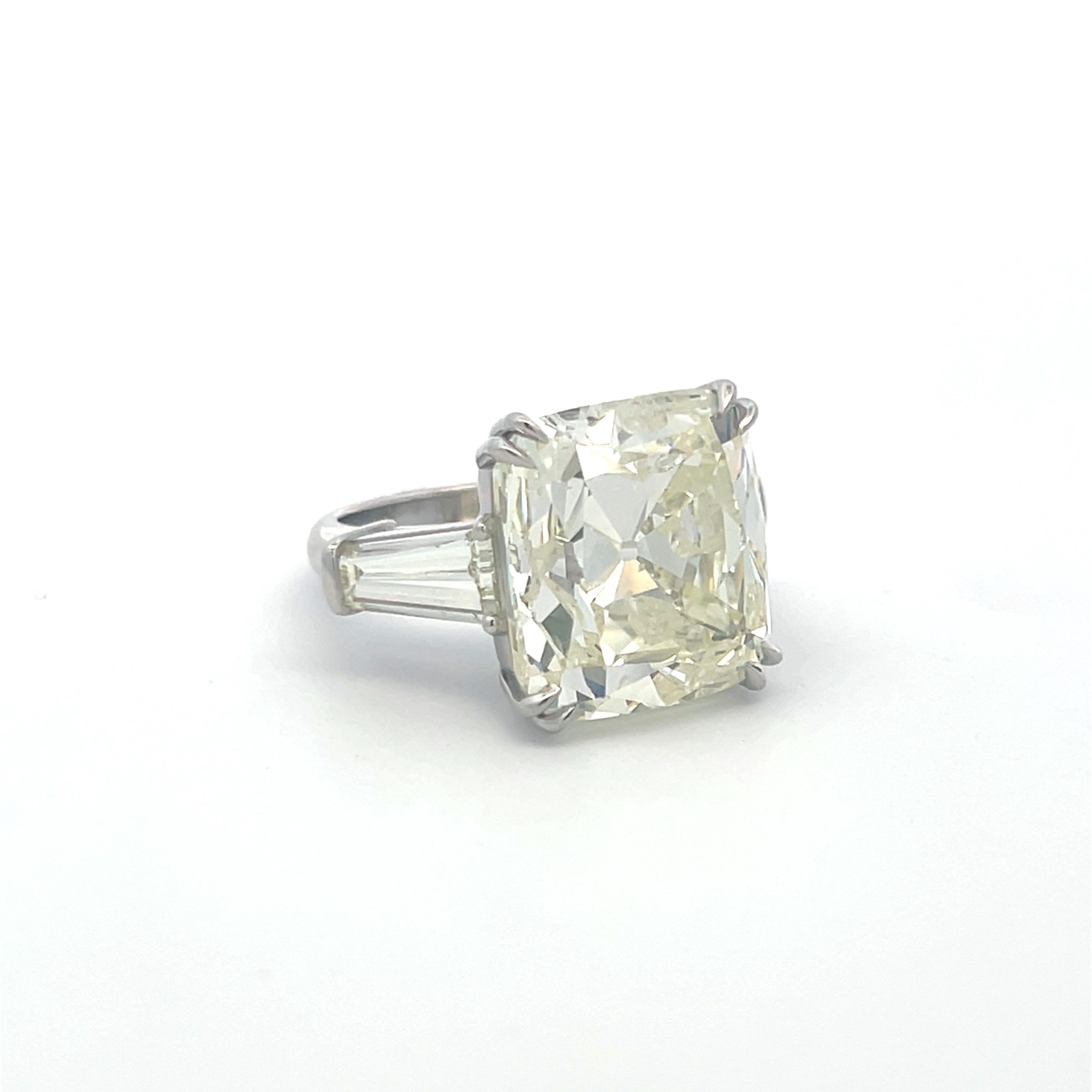 22.41 Carat Cushion Brilliant and Tapered Baguette Platinum Engagement Ring