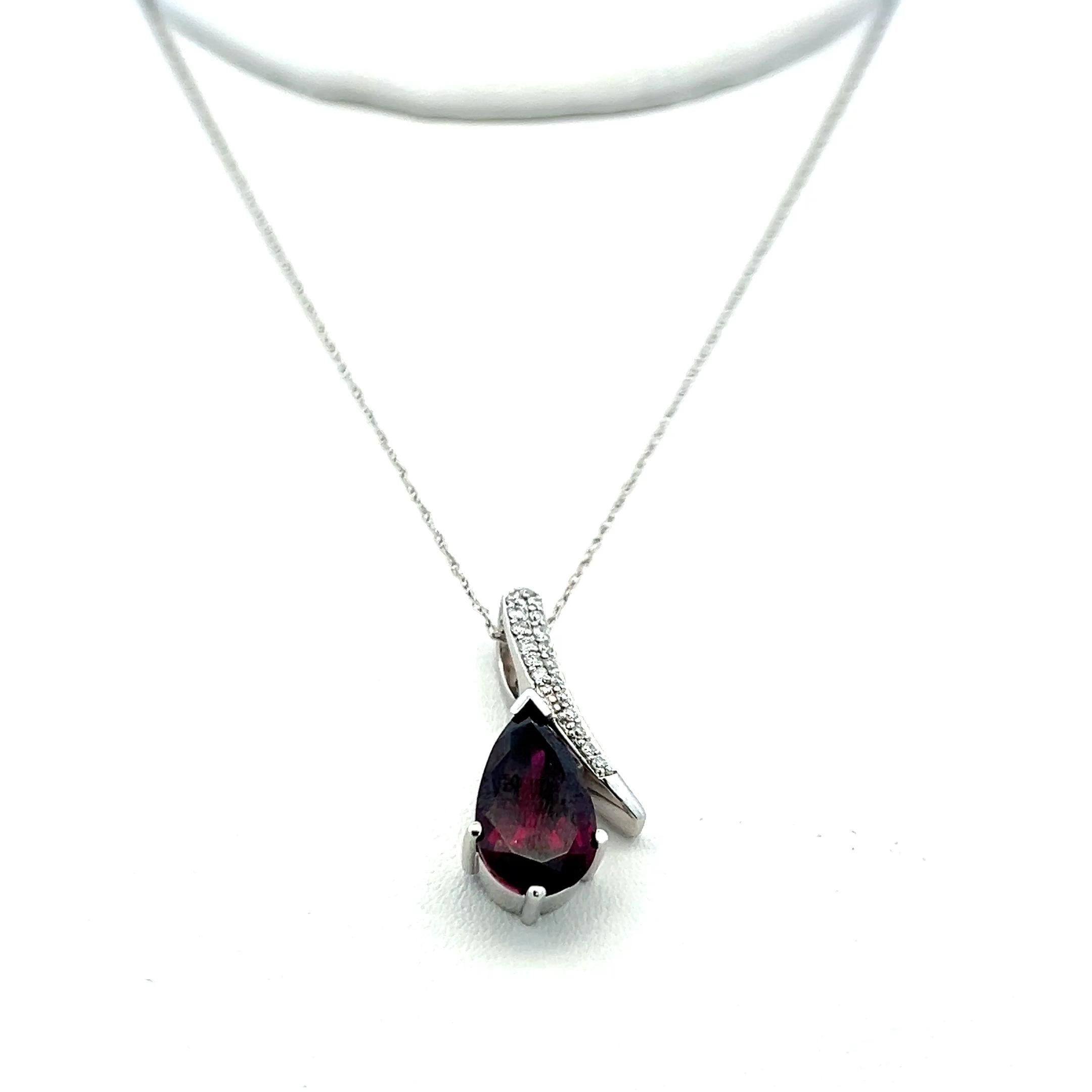 3.60 Carat Rhodolite 0.12 Carat Round Diamond 14K White Gold Pendant Necklace