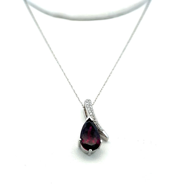 3.60 Carat Rhodolite 0.12 Carat Round Diamond 14K White Gold Pendant Necklace