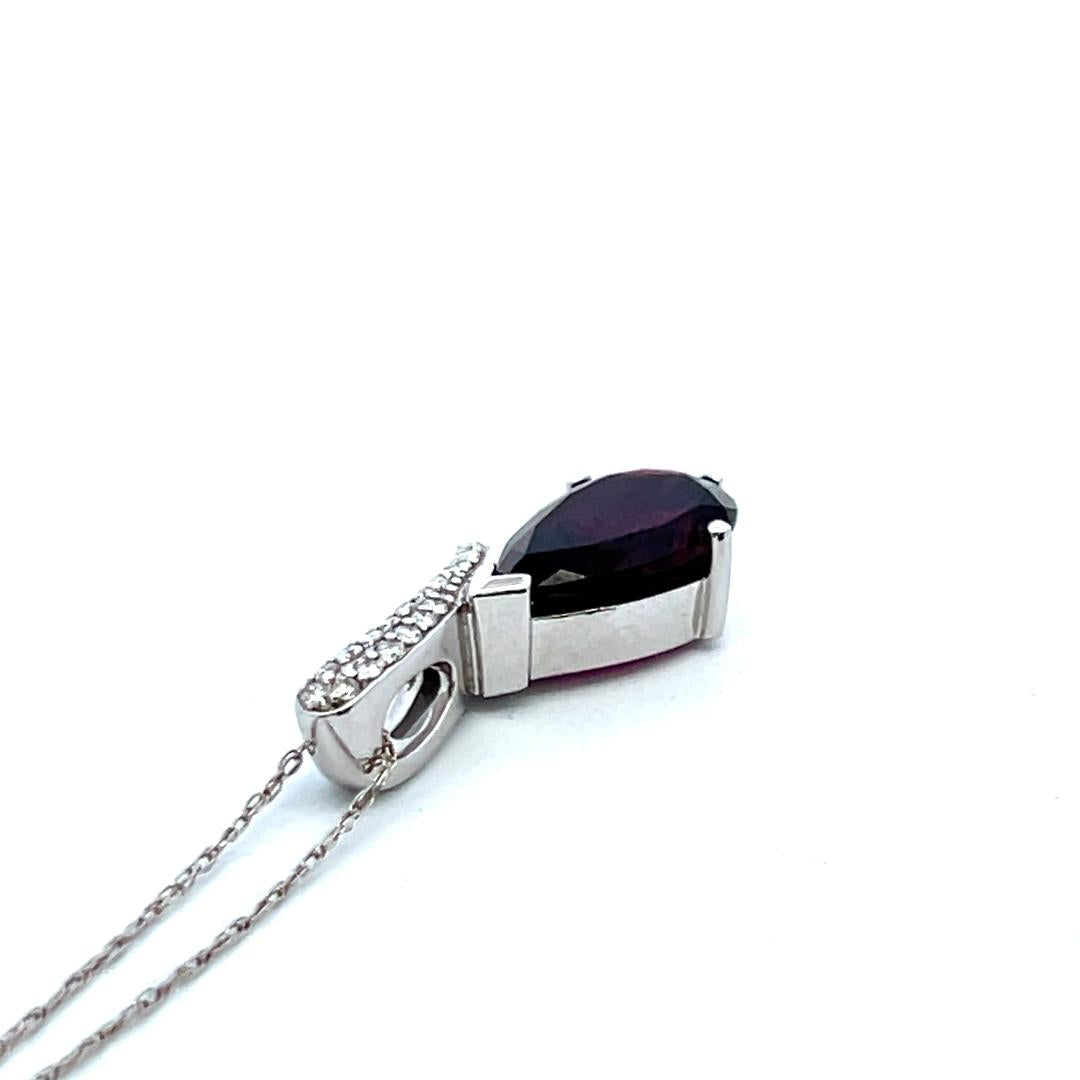 3.60 Carat Rhodolite 0.12 Carat Round Diamond 14K White Gold Pendant Necklace