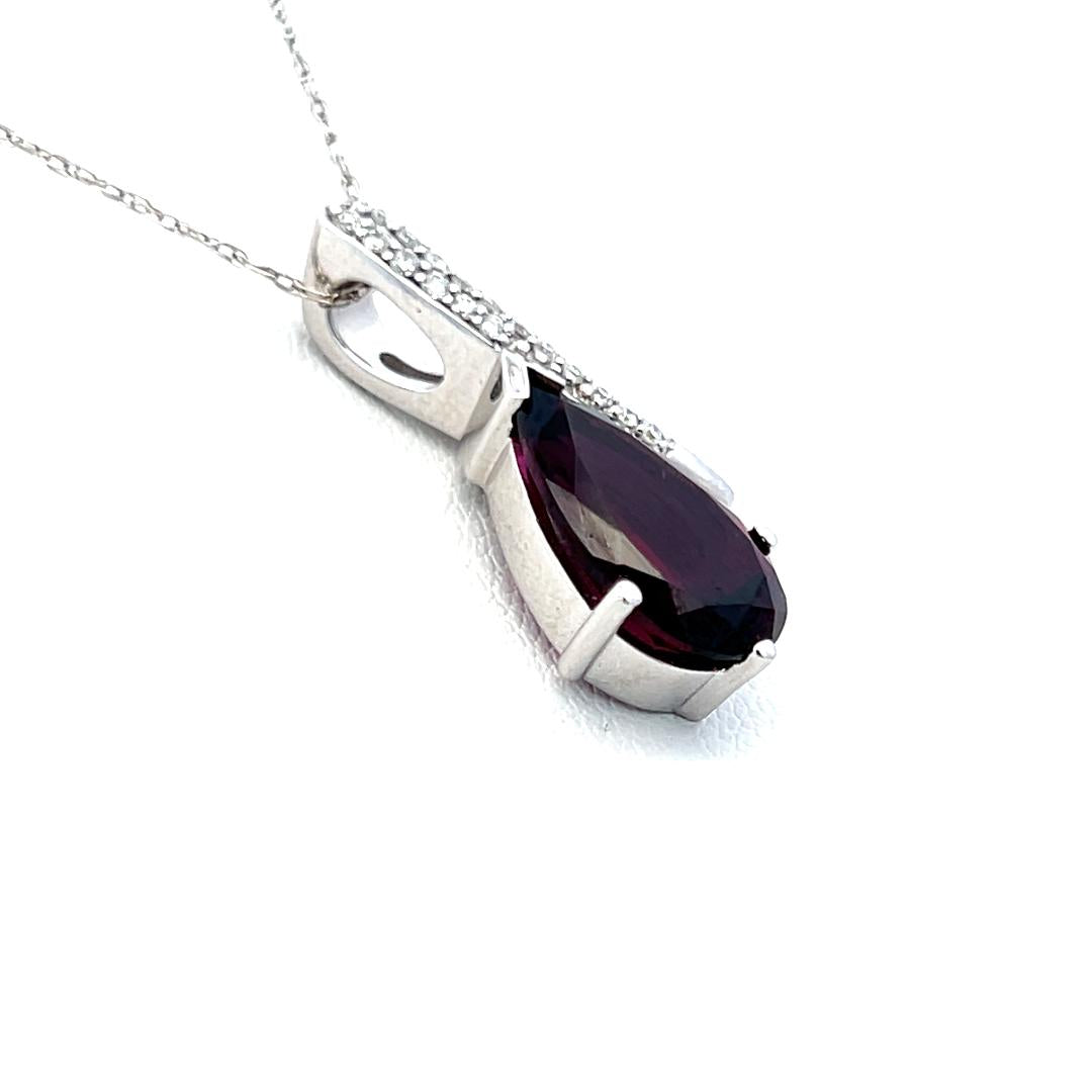 3.60 Carat Rhodolite 0.12 Carat Round Diamond 14K White Gold Pendant Necklace