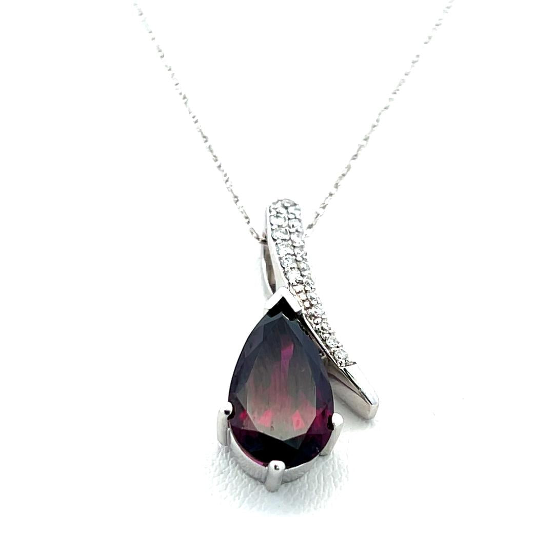 3.60 Carat Rhodolite 0.12 Carat Round Diamond 14K White Gold Pendant Necklace