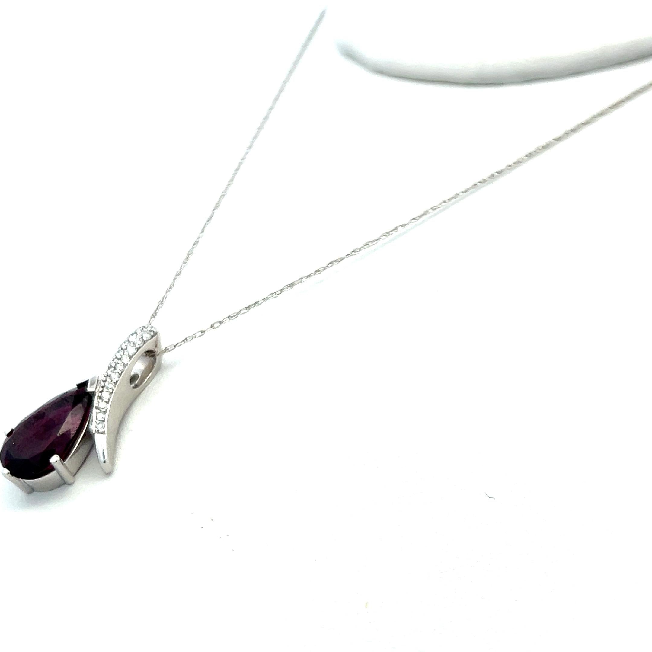 3.60 Carat Rhodolite 0.12 Carat Round Diamond 14K White Gold Pendant Necklace