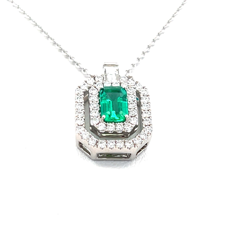 0.55 Carat Emerald 0.45 Carat Diamond 18 Karat White Gold Pendant Necklace