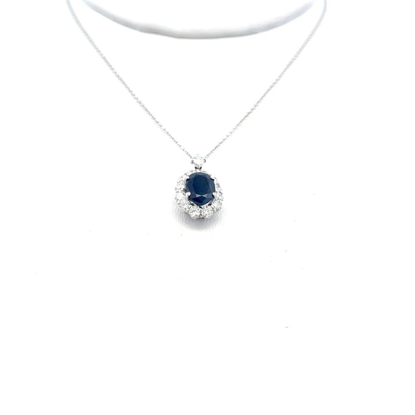 1.69 Carat Sapphire 0.75 Carat Round Diamond 18K  White Gold Pendant Necklace