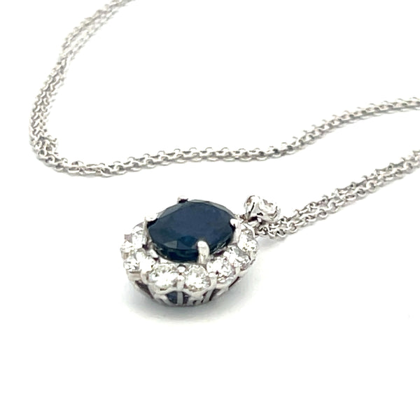 1.69 Carat Sapphire 0.75 Carat Round Diamond 18K  White Gold Pendant Necklace