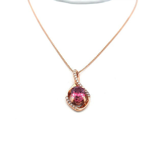 2.03 Carat Tourmaline 0.14 Carat Round Diamond 14K Rose Gold Pendant Necklace