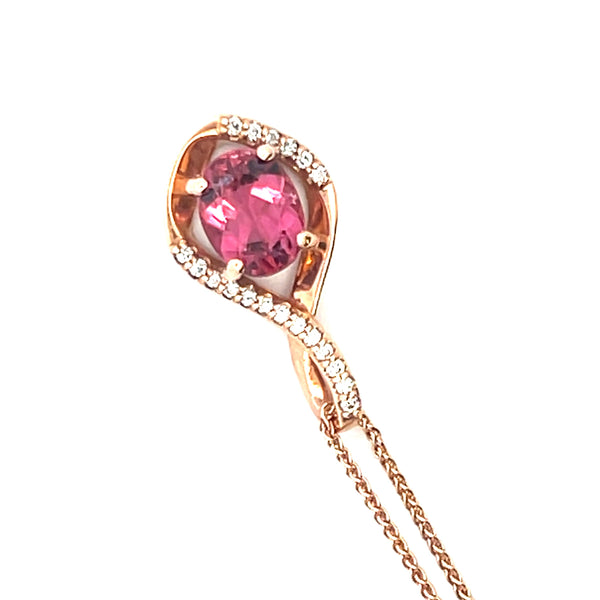 2.03 Carat Tourmaline 0.14 Carat Round Diamond 14K Rose Gold Pendant Necklace