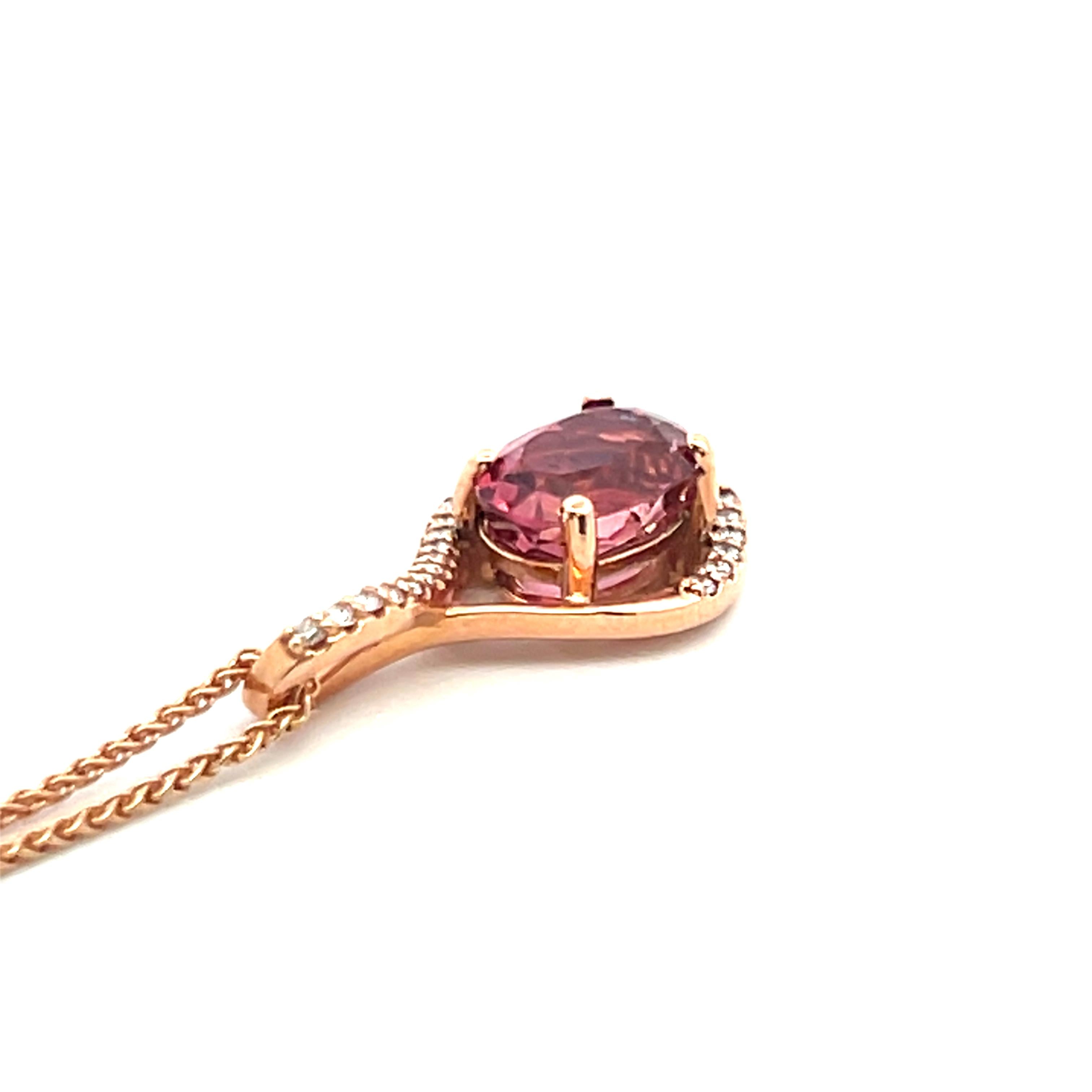 2.03 Carat Tourmaline 0.14 Carat Round Diamond 14K Rose Gold Pendant Necklace