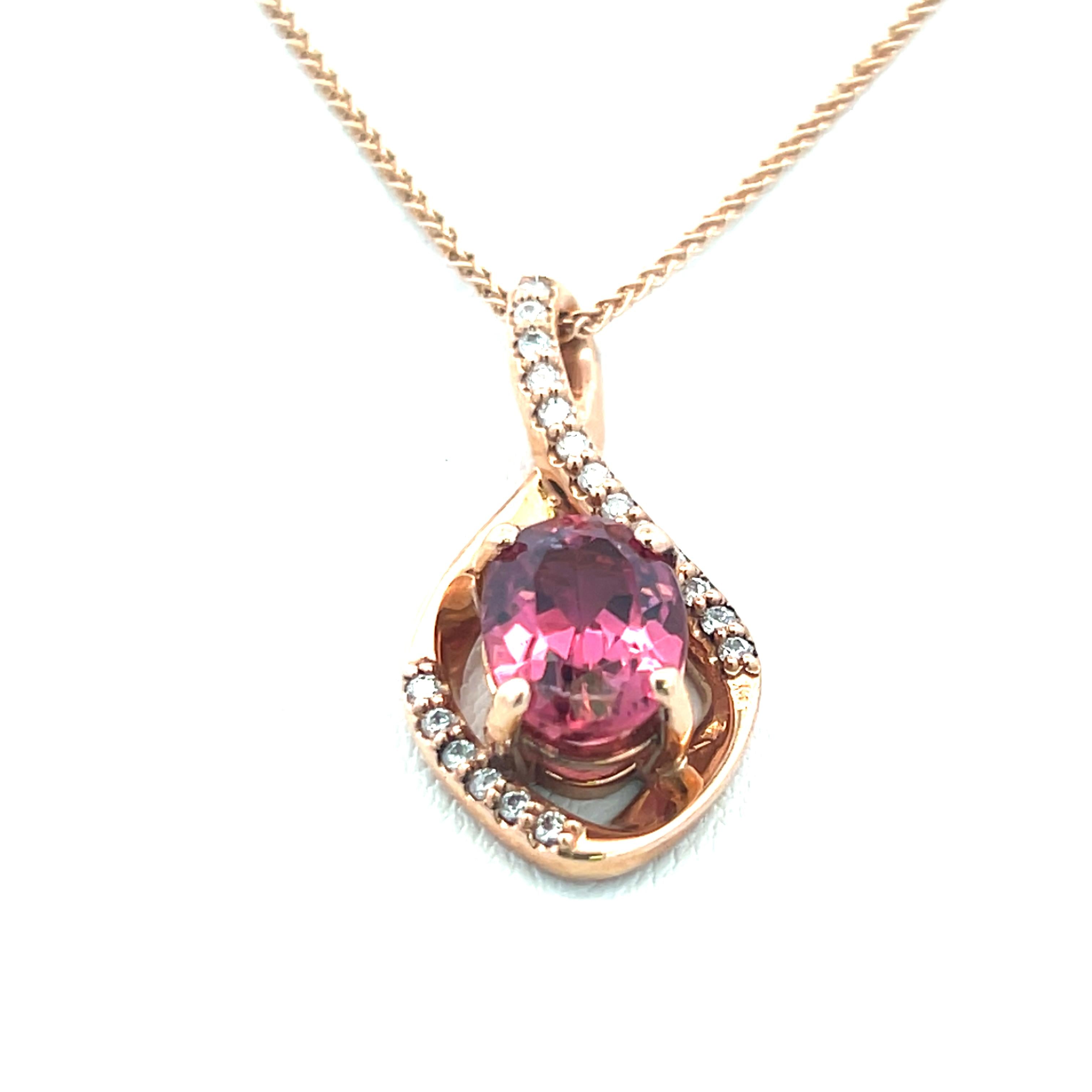 2.03 Carat Tourmaline 0.14 Carat Round Diamond 14K Rose Gold Pendant Necklace