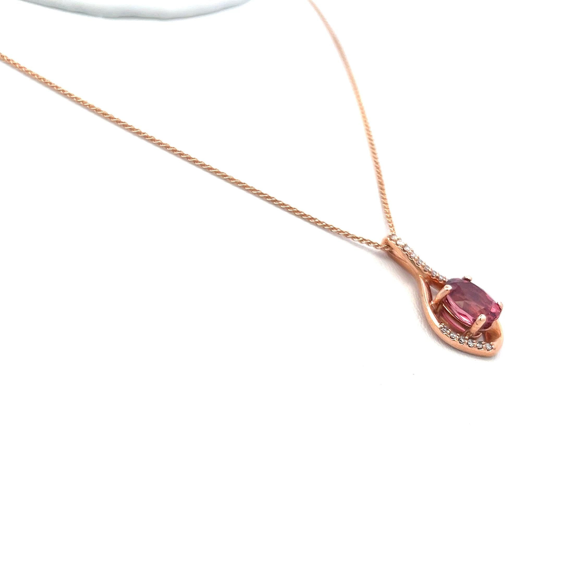 2.03 Carat Tourmaline 0.14 Carat Round Diamond 14K Rose Gold Pendant Necklace