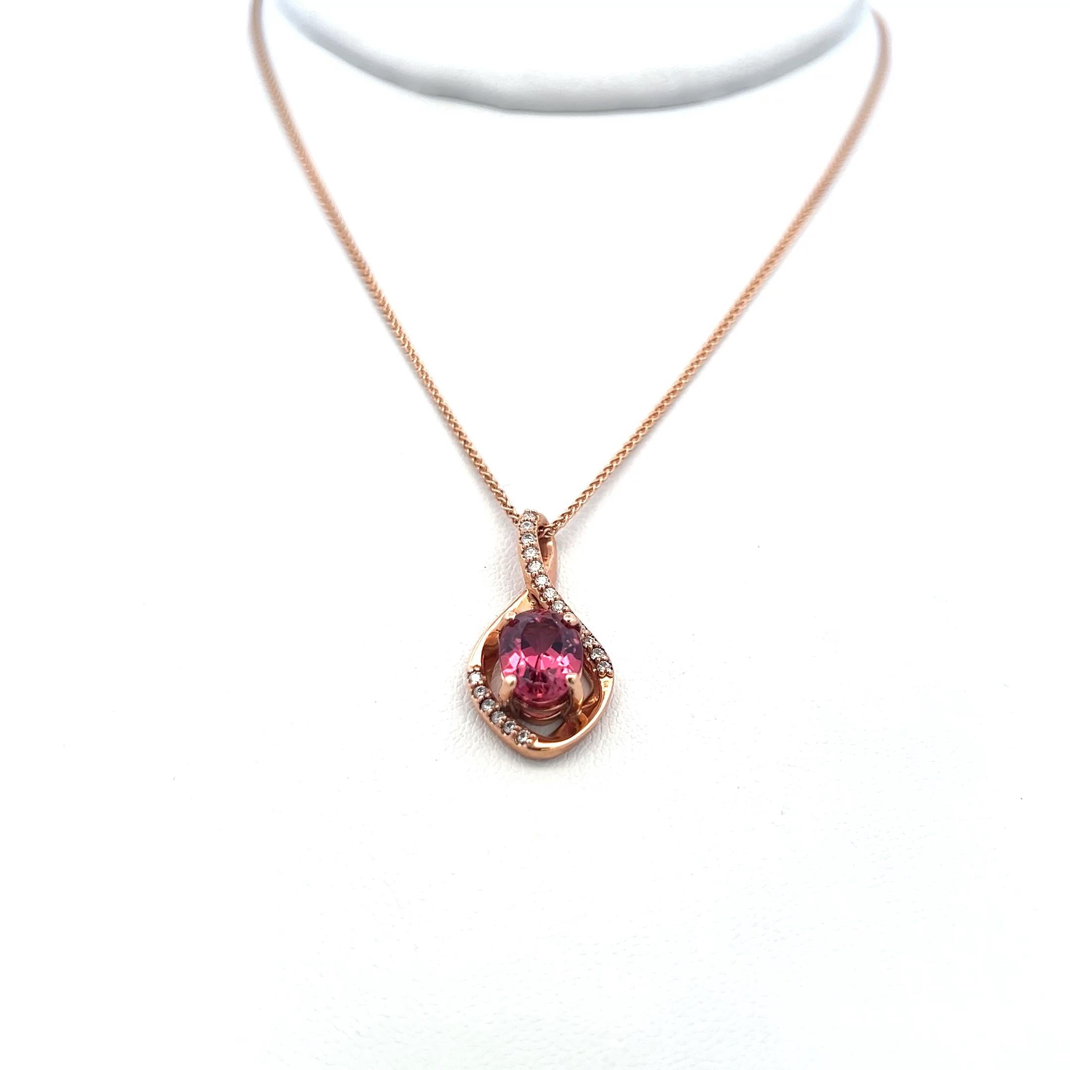 2.03 Carat Tourmaline 0.14 Carat Round Diamond 14K Rose Gold Pendant Necklace