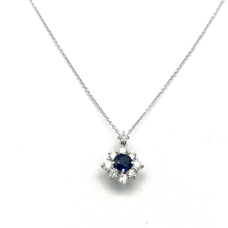 0.60 Carat Round Diamond 0.56 Carat Sapphire 18K White Gold Pendant Necklace