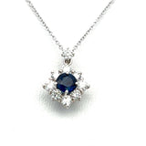 0.60 Carat Round Diamond 0.56 Carat Sapphire 18K White Gold Pendant Necklace